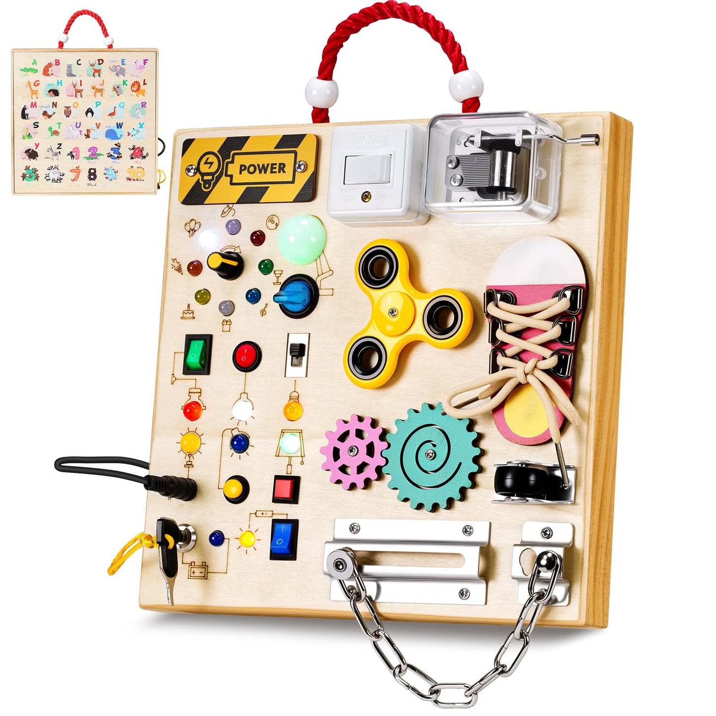 GNAYUIJ Montessori Wooden Busy Board – LED Switches, Music Box & Locks