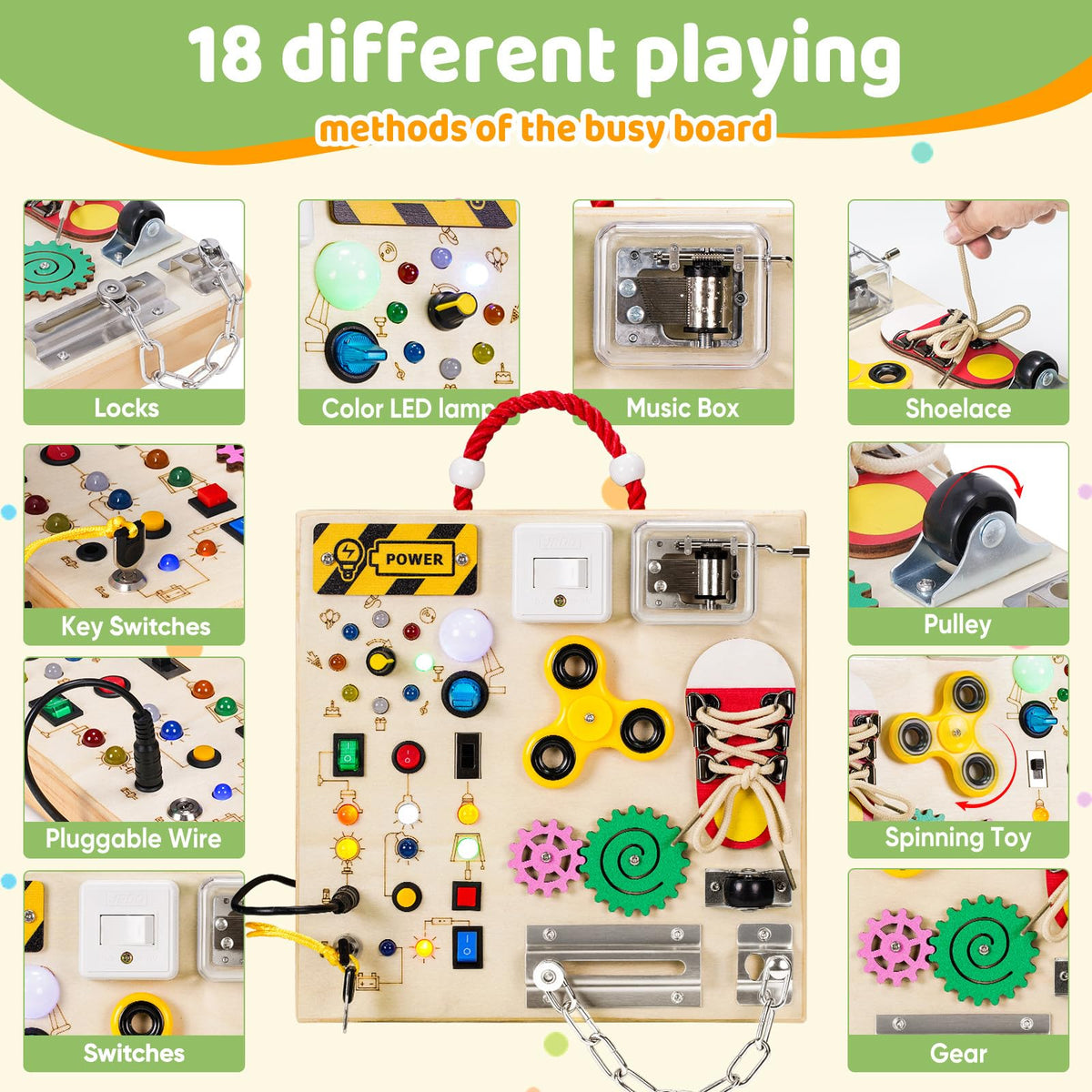 GNAYUIJ Montessori Wooden Busy Board – LED Switches, Music Box & Locks