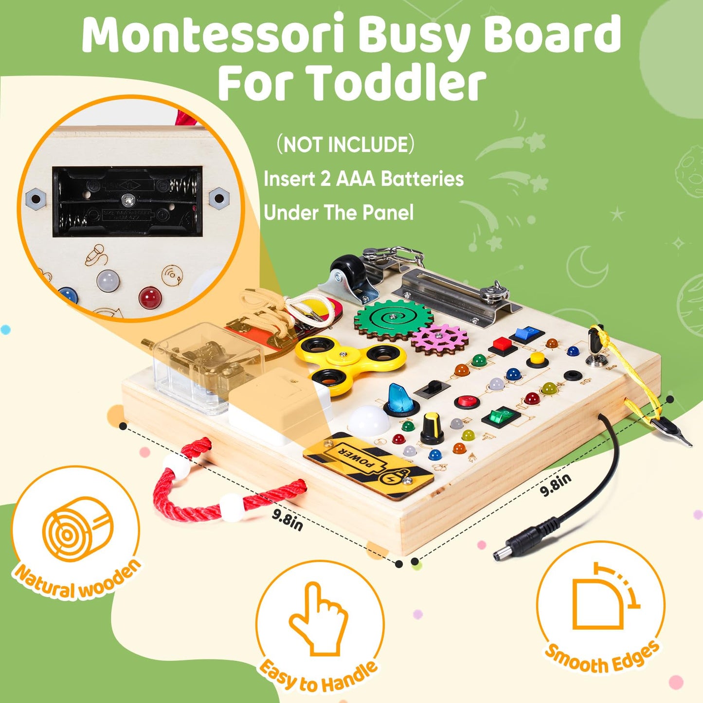 GNAYUIJ Montessori Wooden Busy Board – LED Switches, Music Box & Locks