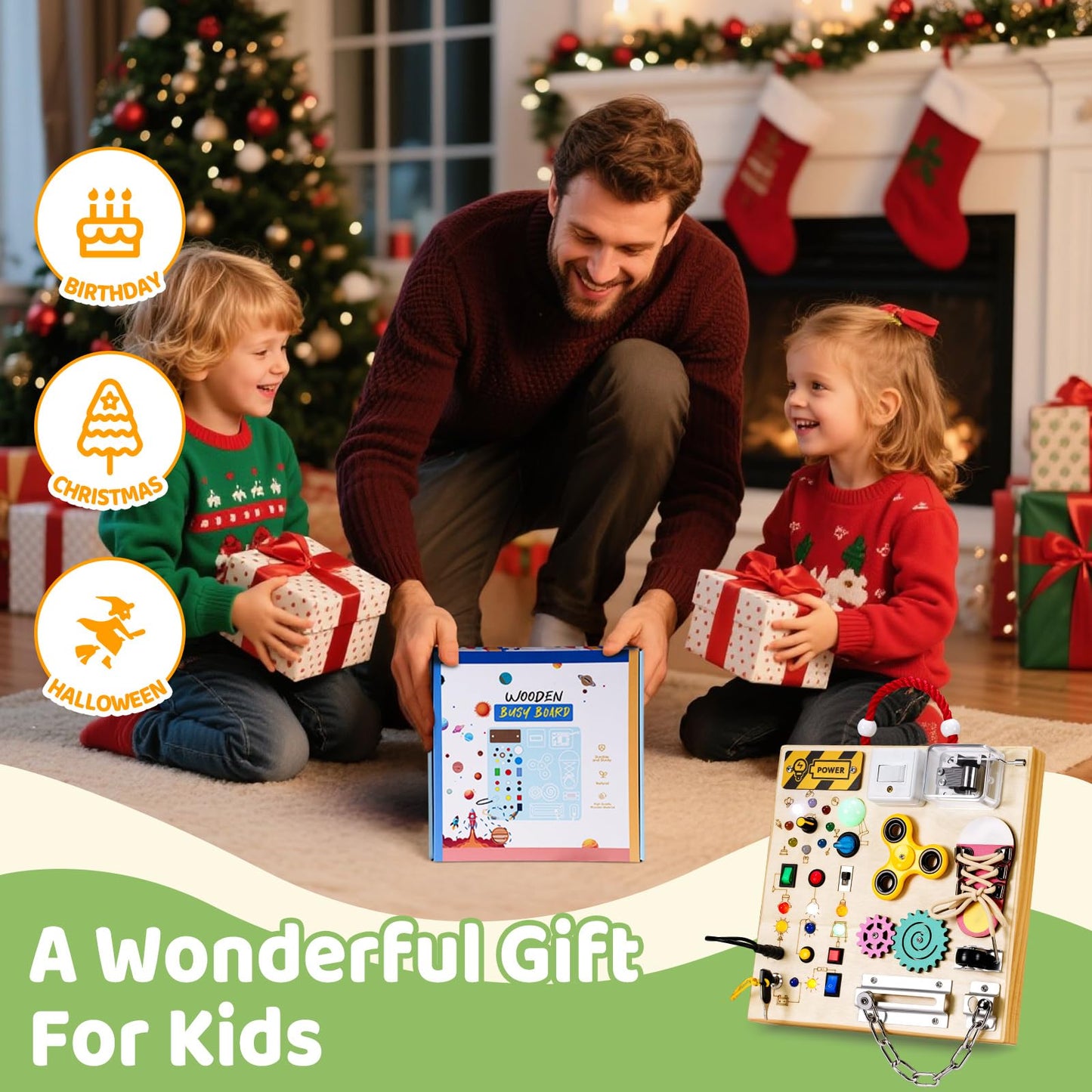 GNAYUIJ Montessori Wooden Busy Board – LED Switches, Music Box & Locks