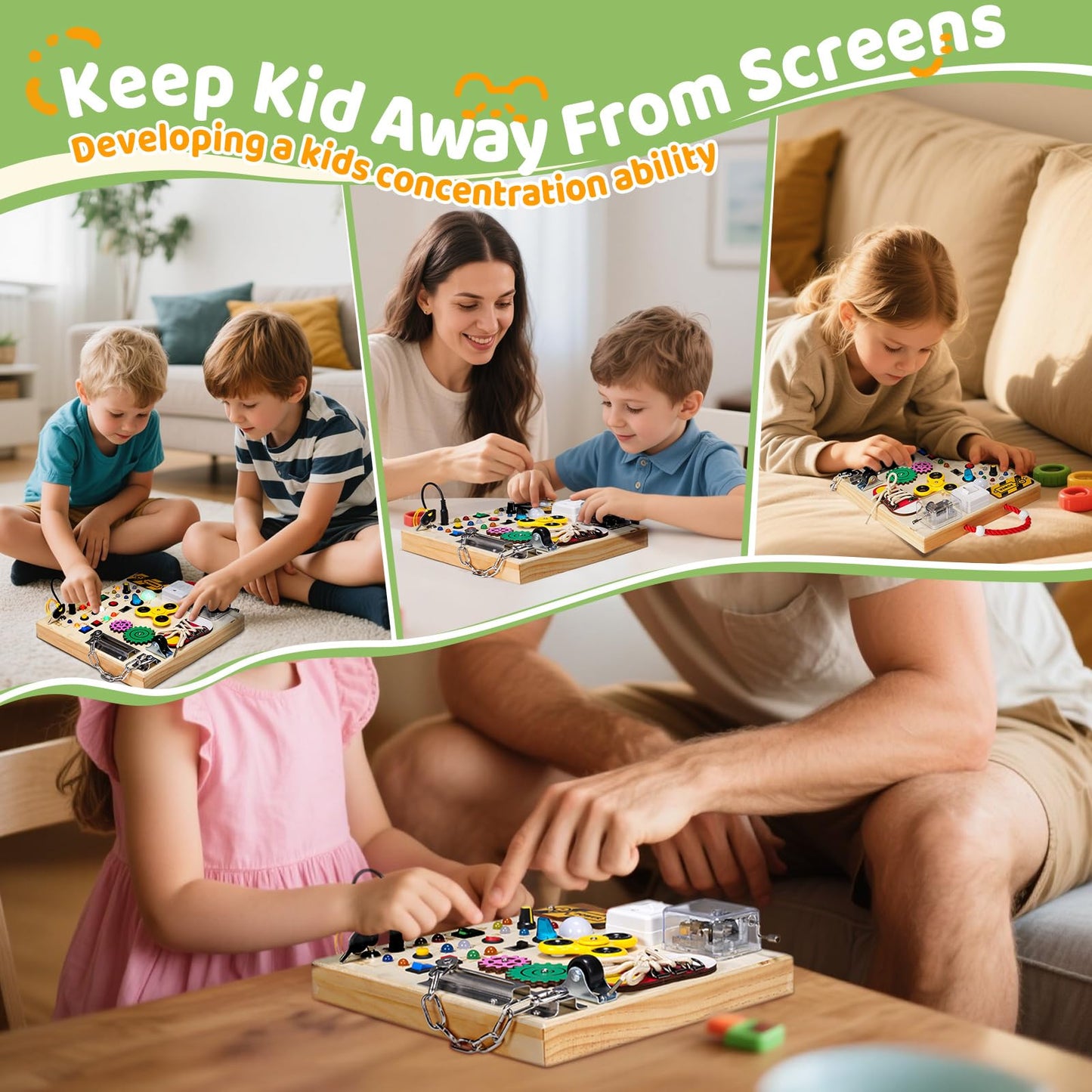 GNAYUIJ Montessori Wooden Busy Board – LED Switches, Music Box & Locks