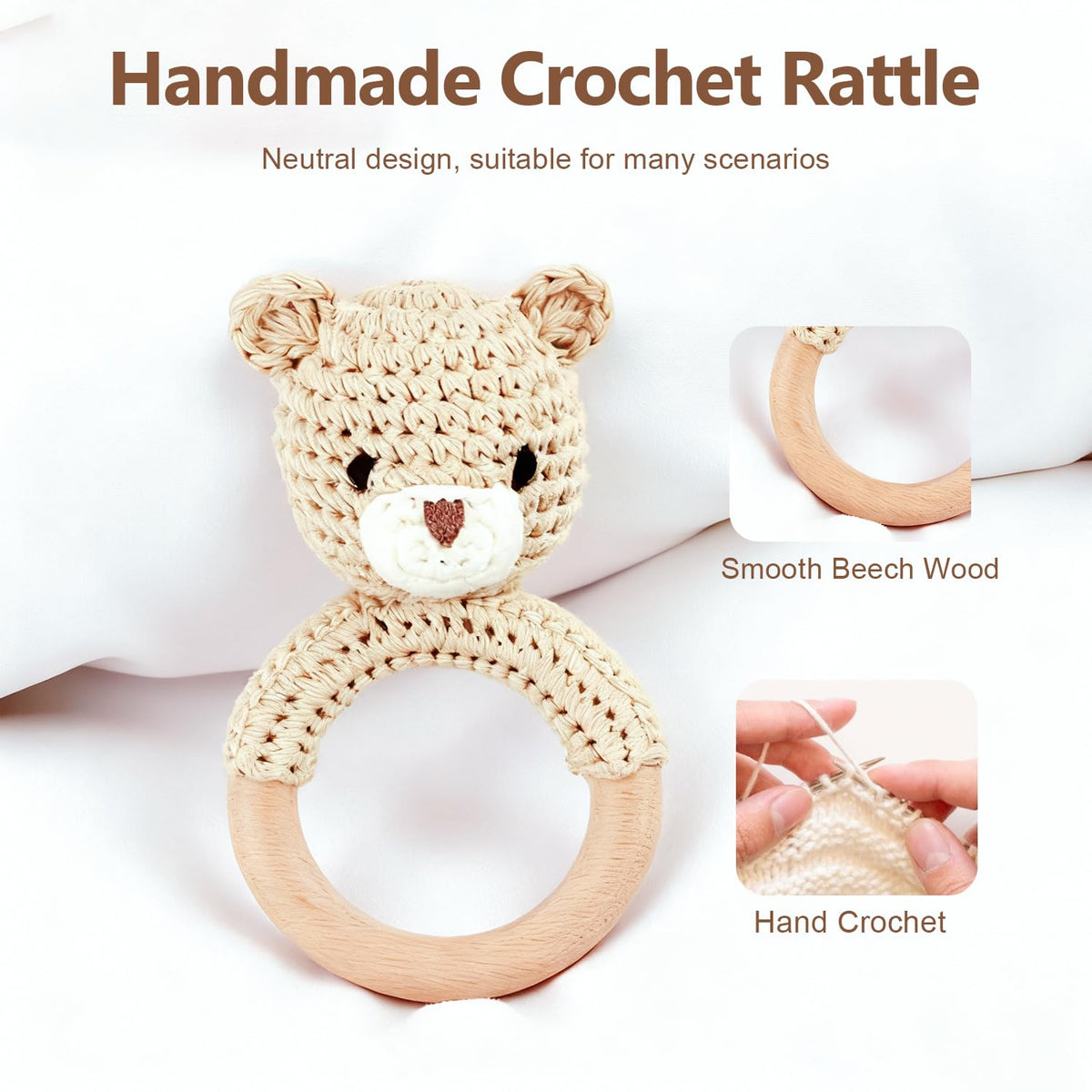 Gnigpclo Wooden Baby Rattle – Handmade Crochet Bear with Wood Teething Ring