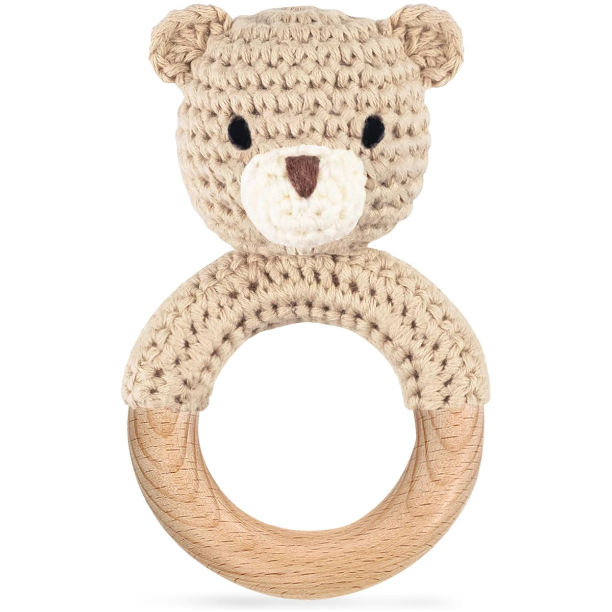 Gnigpclo Wooden Baby Rattle – Handmade Crochet Bear with Wood Teething Ring