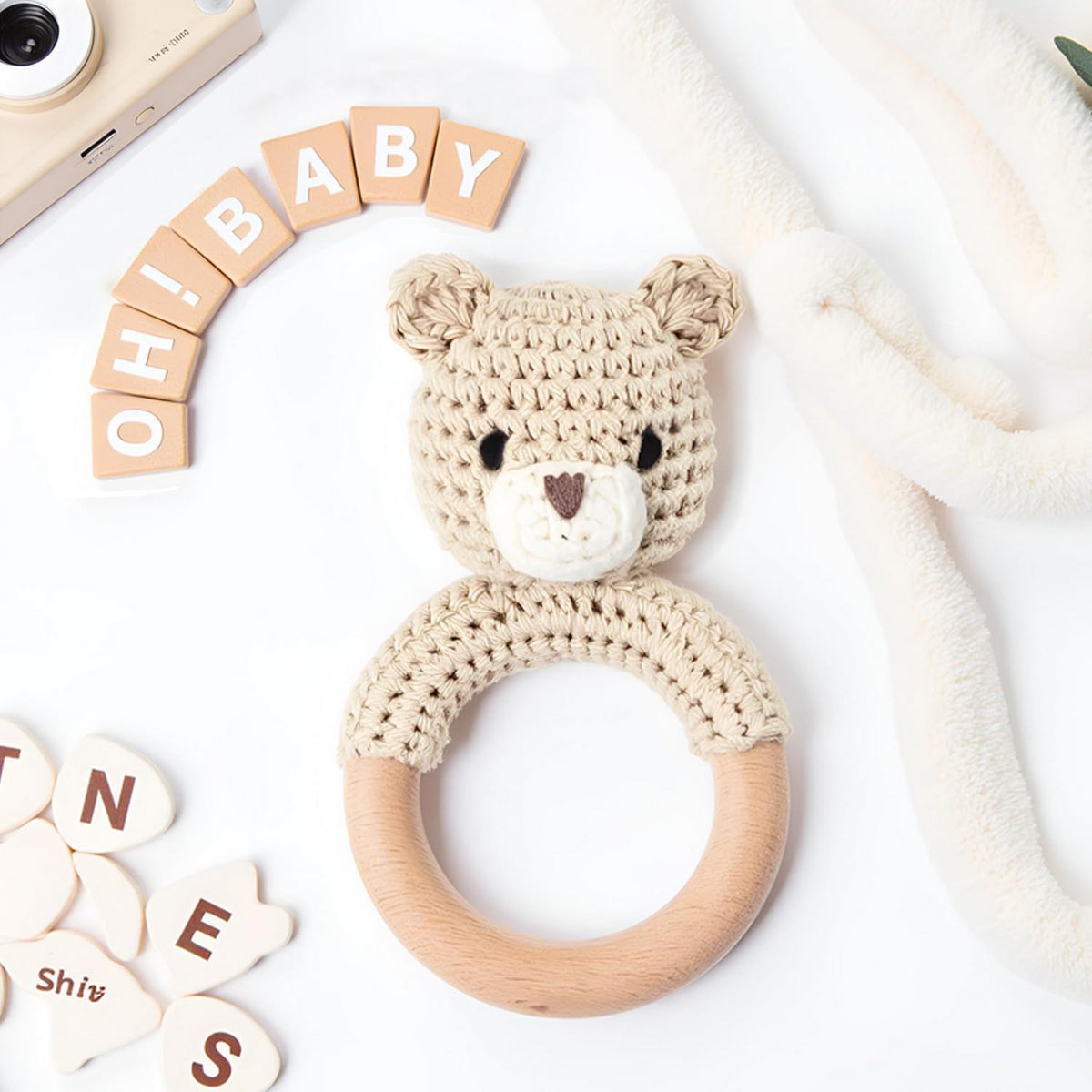 Gnigpclo Wooden Baby Rattle – Handmade Crochet Bear with Wood Teething Ring