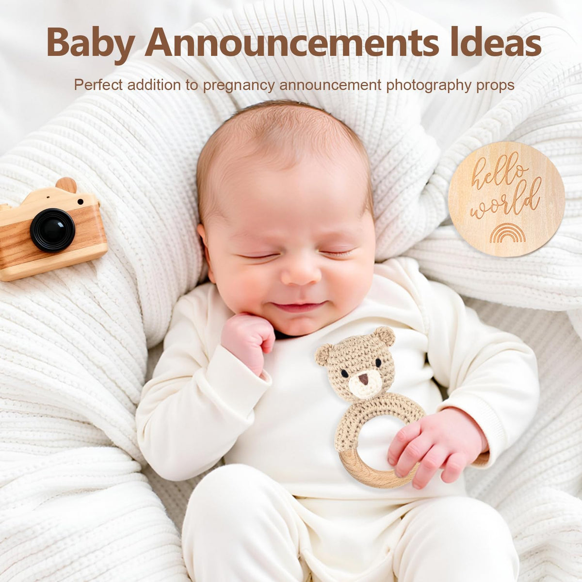 Gnigpclo Wooden Baby Rattle – Handmade Crochet Bear with Wood Teething Ring