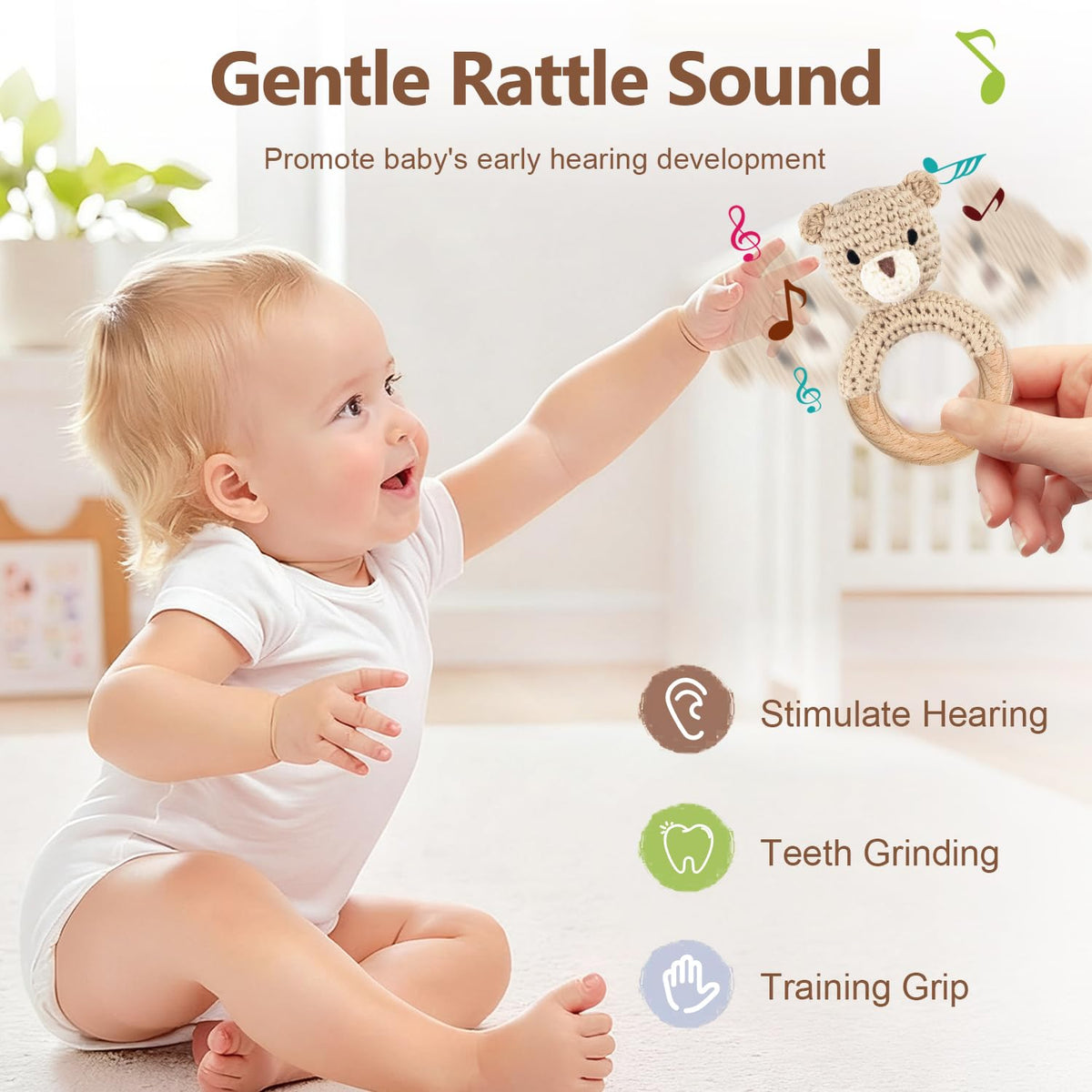 Gnigpclo Wooden Baby Rattle – Handmade Crochet Bear with Wood Teething Ring