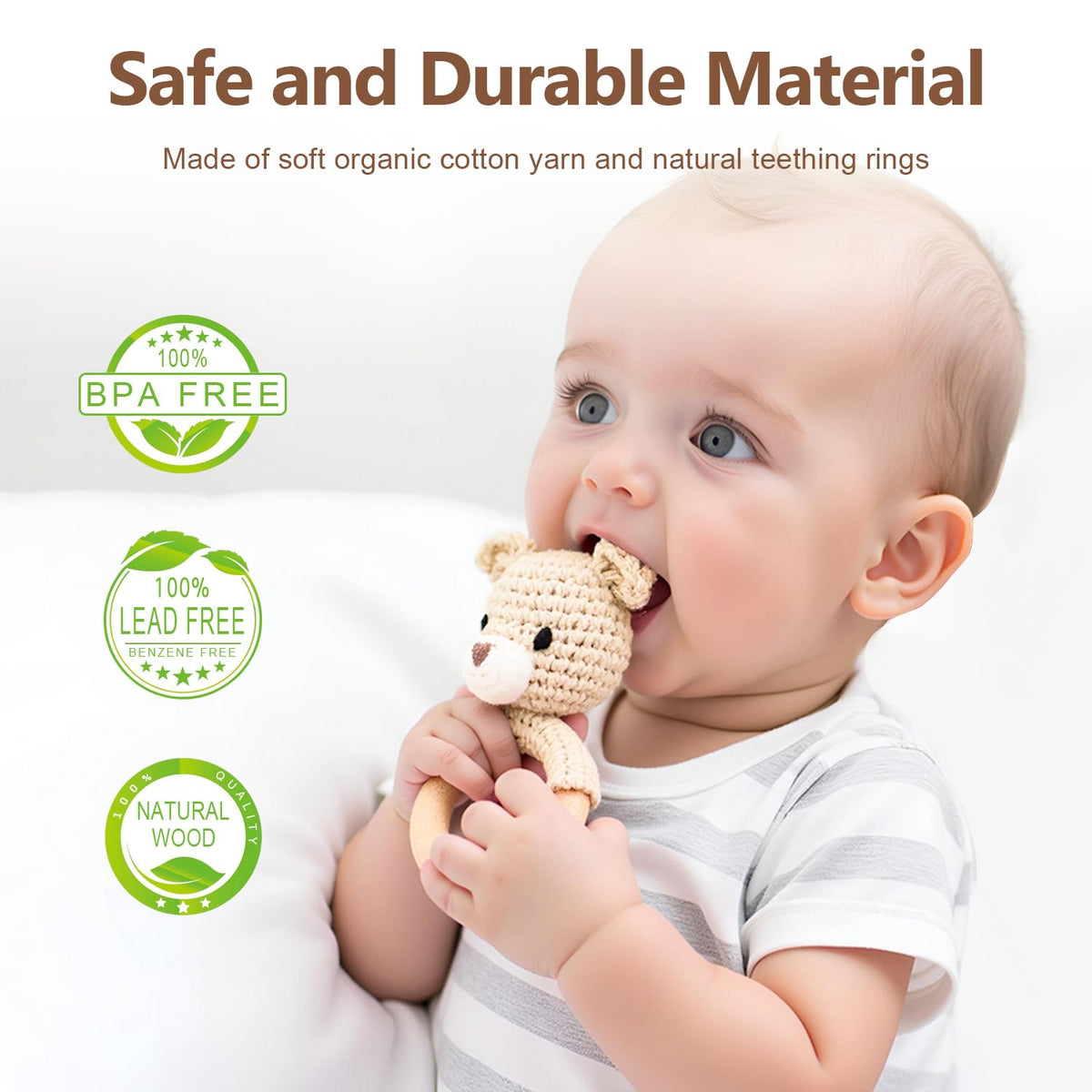 Gnigpclo Wooden Baby Rattle – Handmade Crochet Bear with Wood Teething Ring