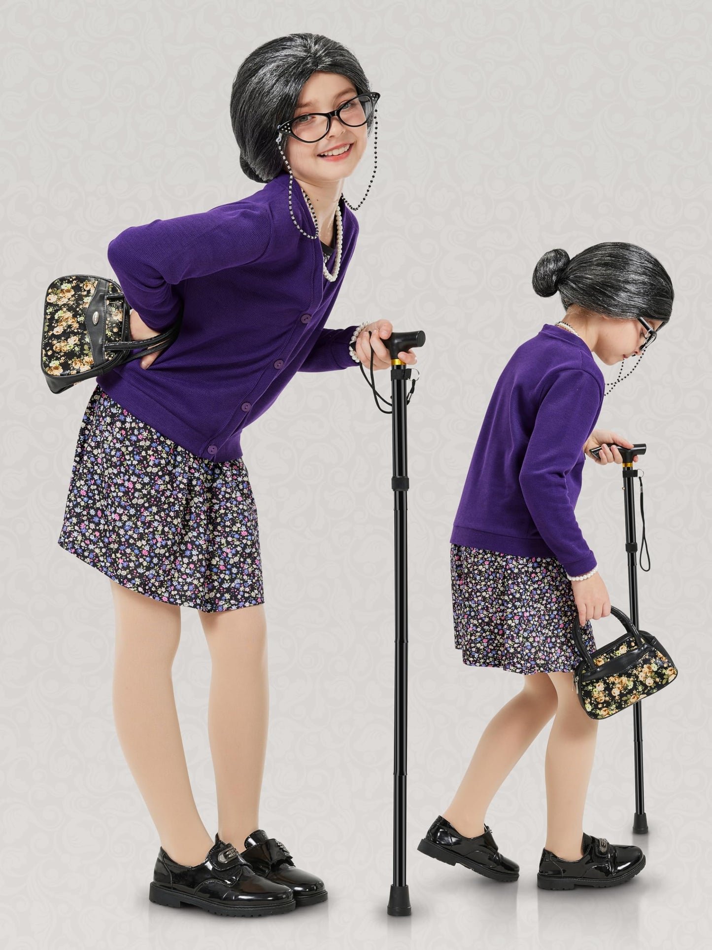Gnodio Old Lady Costume for Kids – 100 Days of School Dress Up (Purple, 8-10Y)