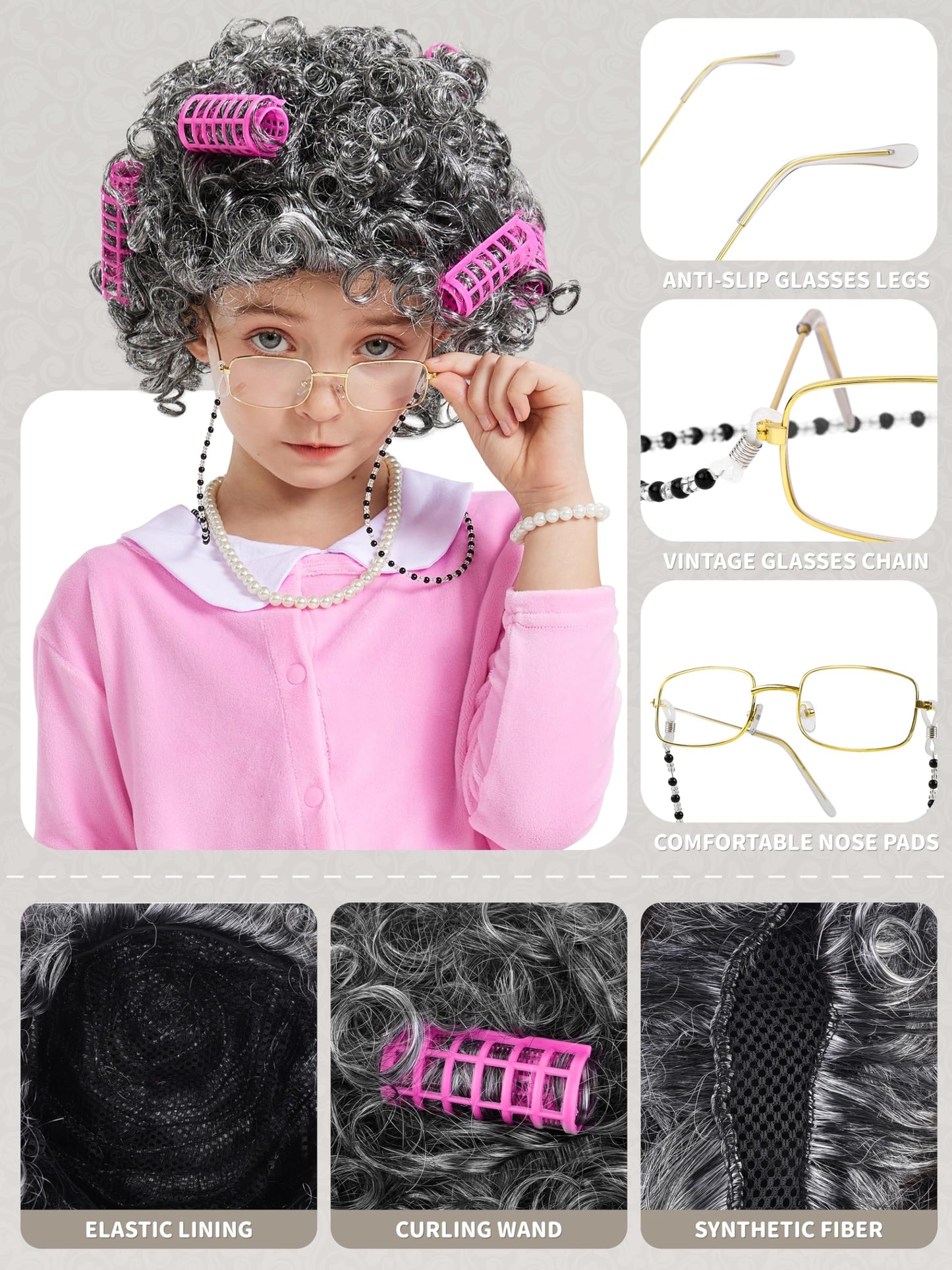 Gnodio Old Lady Costume for Girls – 100 Days of School Kit (Wig, Dress & Accessories) Pink, 8-10
