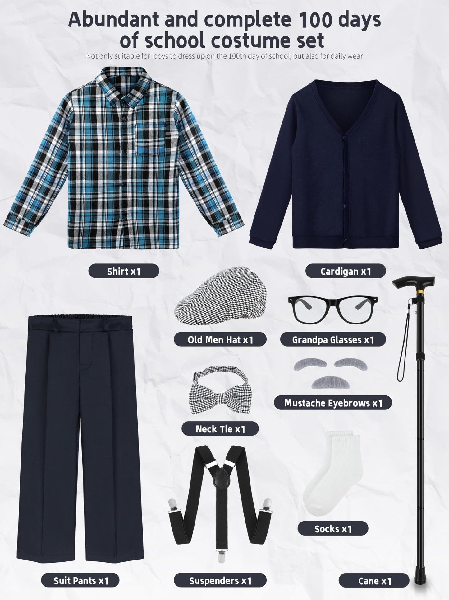 Gnodio 100 Days of School Costume for Boys – Old Man Grandpa Dress-Up Set for 100th Day