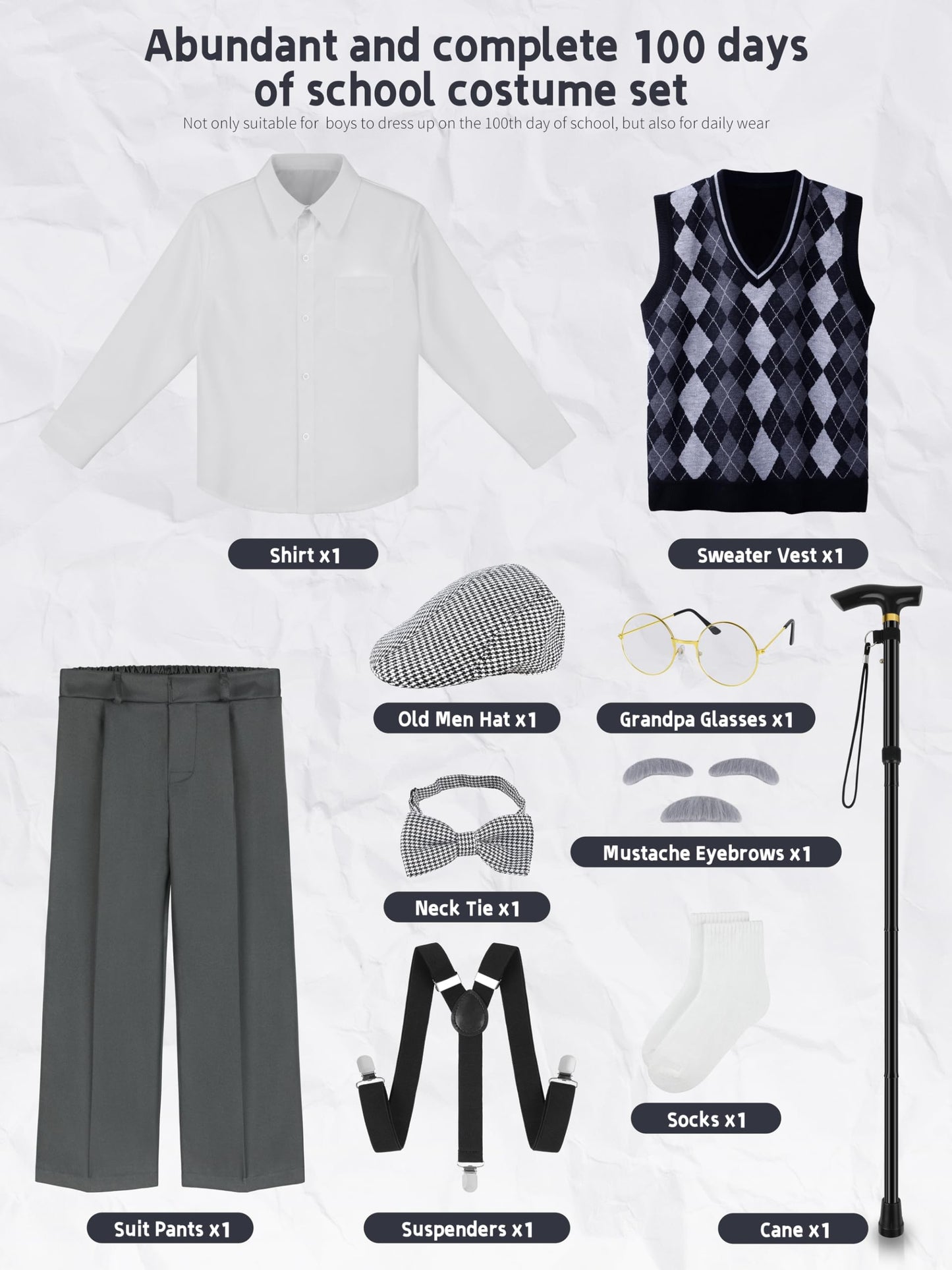 Gnodio 100 Days of School Costume for Boys – Old Man Grandpa Dress-Up Kit