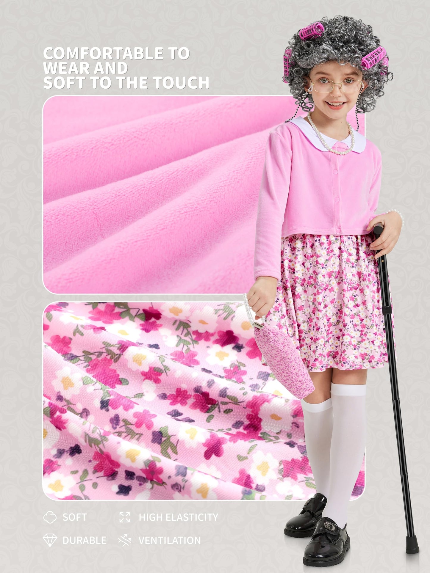 Gnodio Old Lady Costume for Girls – 100 Days of School Kit (Wig, Dress & Accessories) Pink, 8-10