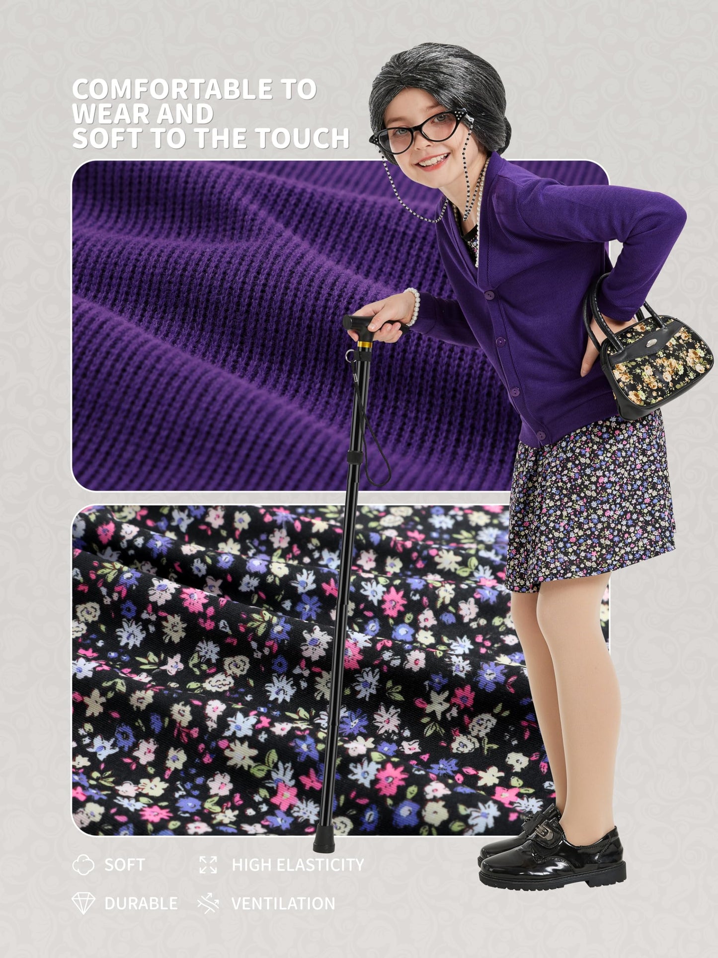 Gnodio Old Lady Costume for Kids – 100 Days of School Dress Up (Purple, 8-10Y)