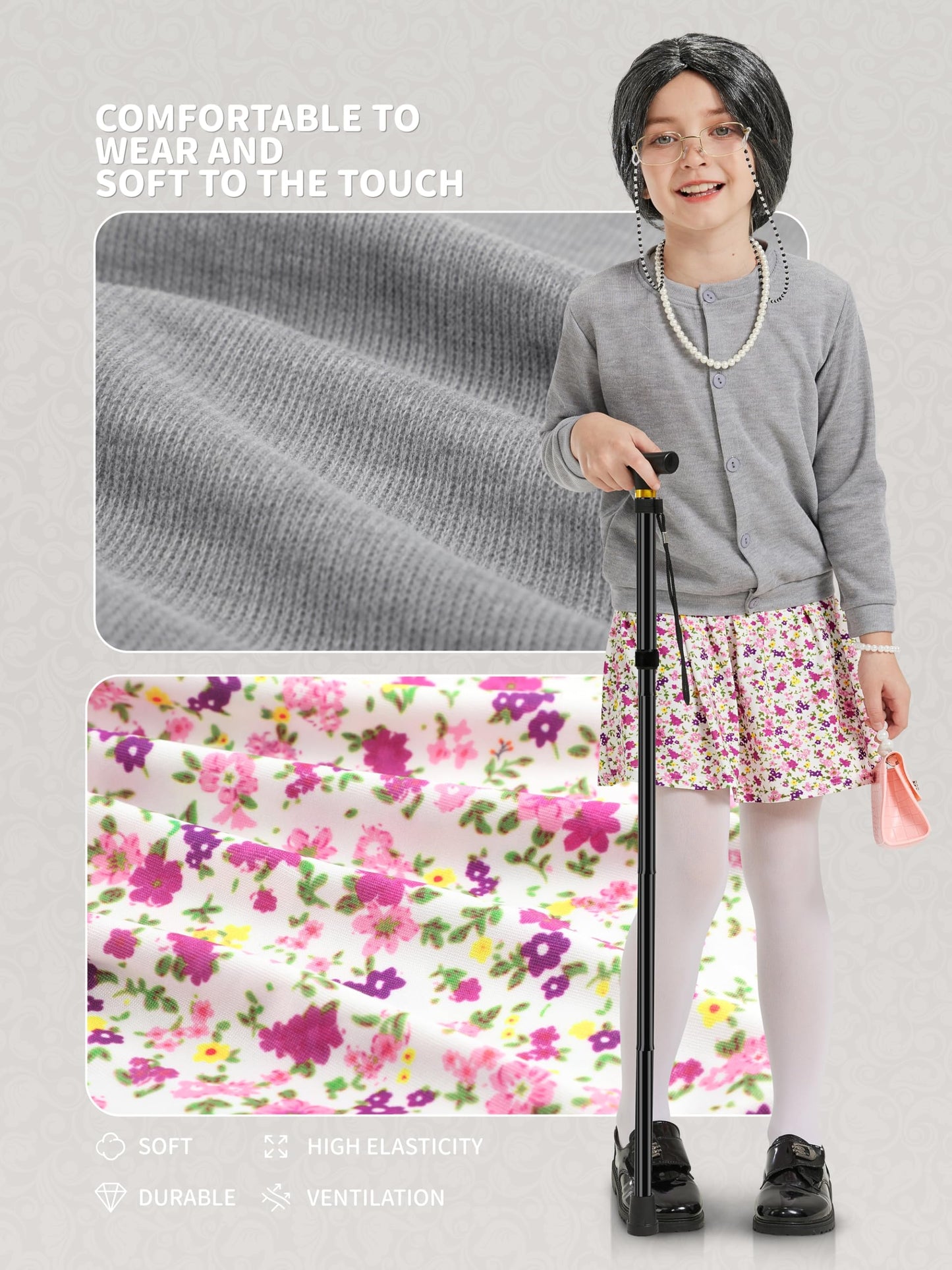 Gnodio Old Lady Costume for Kids - 100 Days Dress-Up Kit Gray 11-13Y