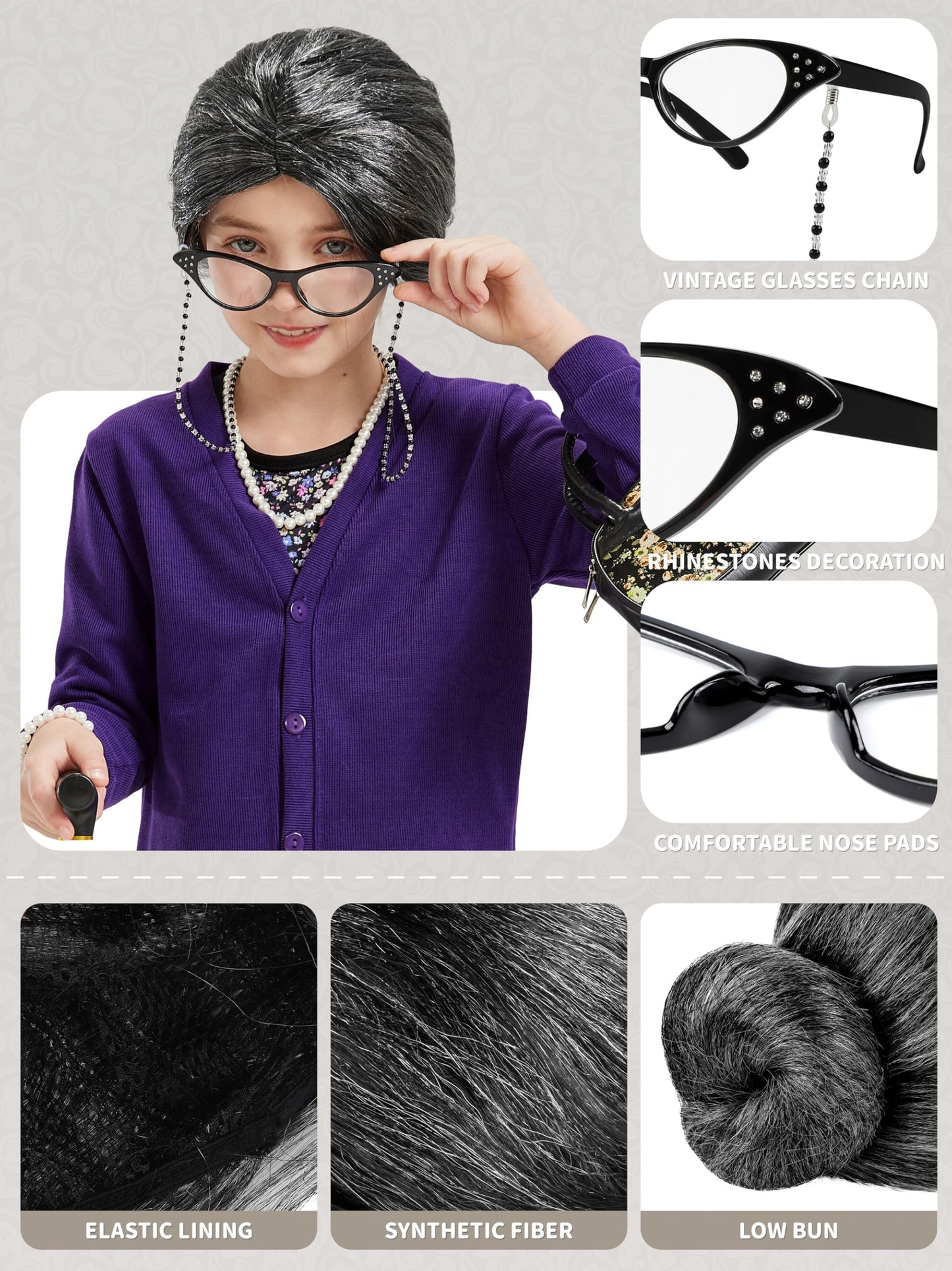 Gnodio Old Lady Costume for Kids – 100 Days of School Dress Up (Purple, 8-10Y)