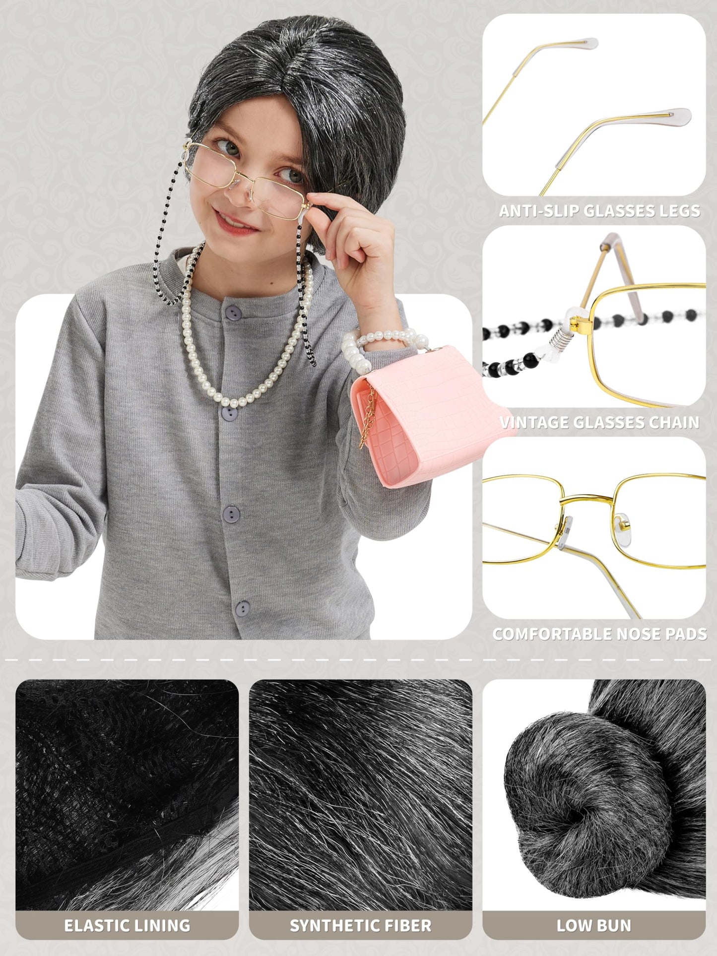 Gnodio Old Lady Costume for Kids - 100 Days Dress-Up Kit Gray 11-13Y
