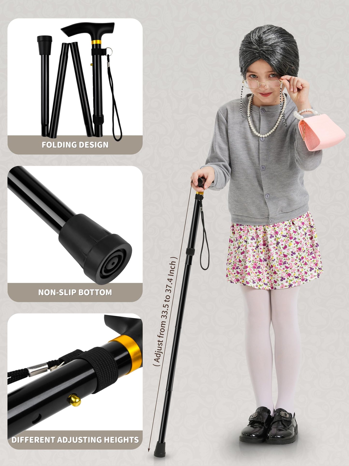 Gnodio Old Lady Costume for Kids - 100 Days Dress-Up Kit Gray 11-13Y