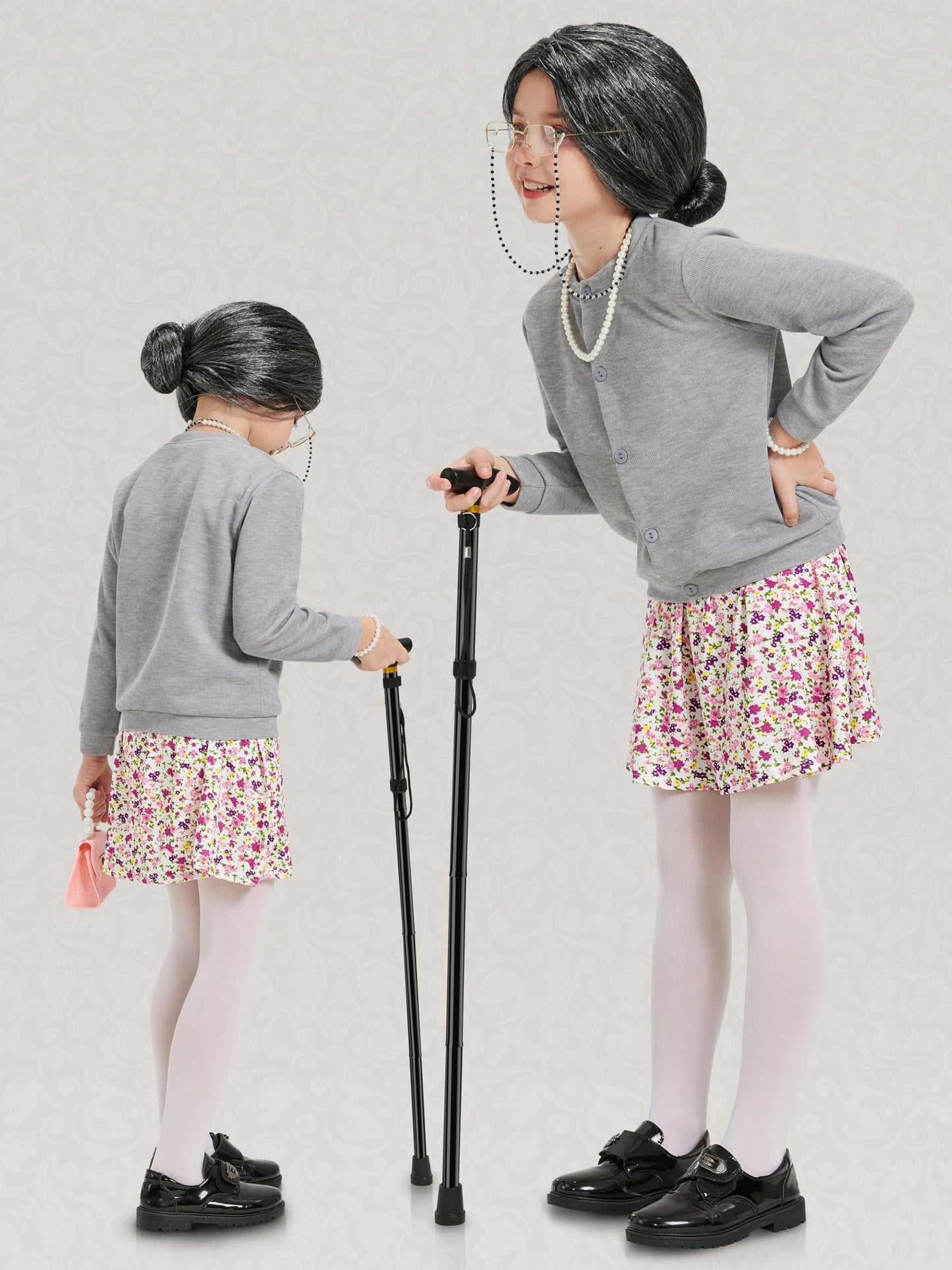 Gnodio Old Lady Costume for Kids - 100 Days Dress-Up Kit Gray 11-13Y