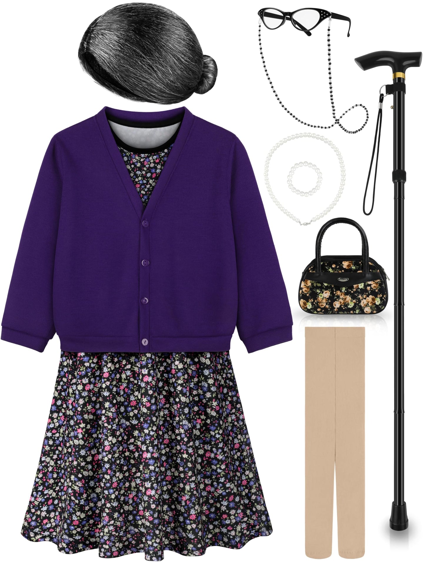 Gnodio Old Lady Costume for Kids – 100 Days of School Dress Up (Purple, 8-10Y)