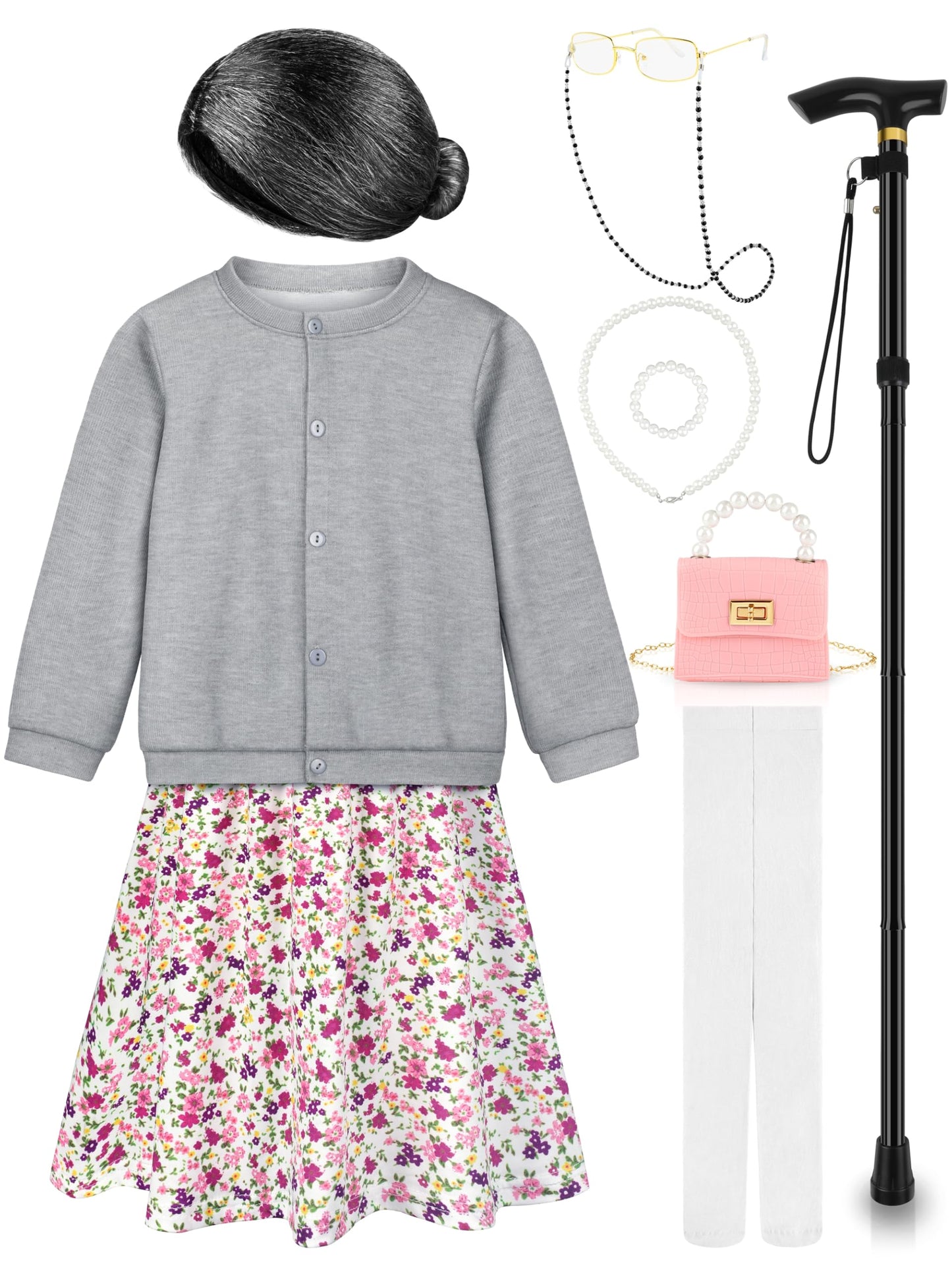 Gnodio Old Lady Costume for Kids - 100 Days Dress-Up Kit Gray 11-13Y