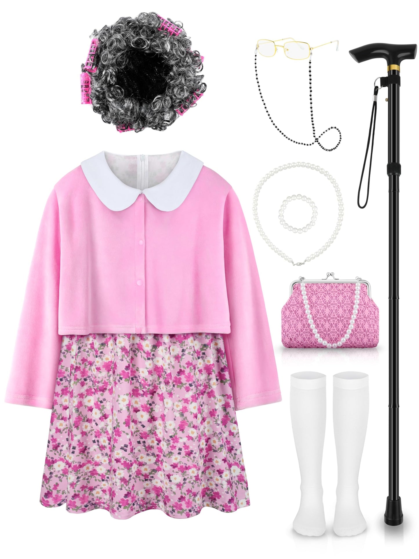 Gnodio Old Lady Costume for Girls – 100 Days of School Kit (Wig, Dress & Accessories) Pink, 8-10