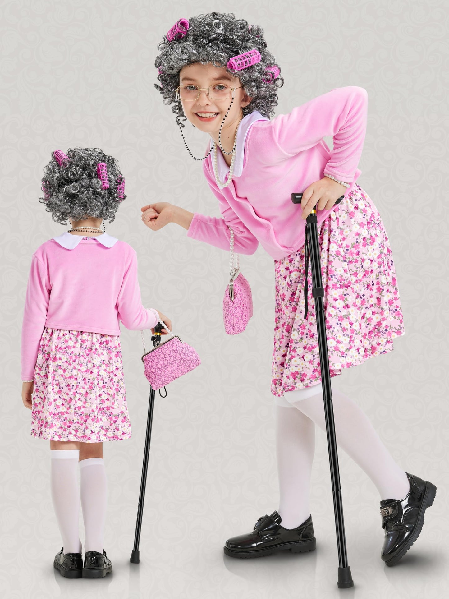 Gnodio Old Lady Costume for Girls – 100 Days of School Kit (Wig, Dress & Accessories) Pink, 8-10