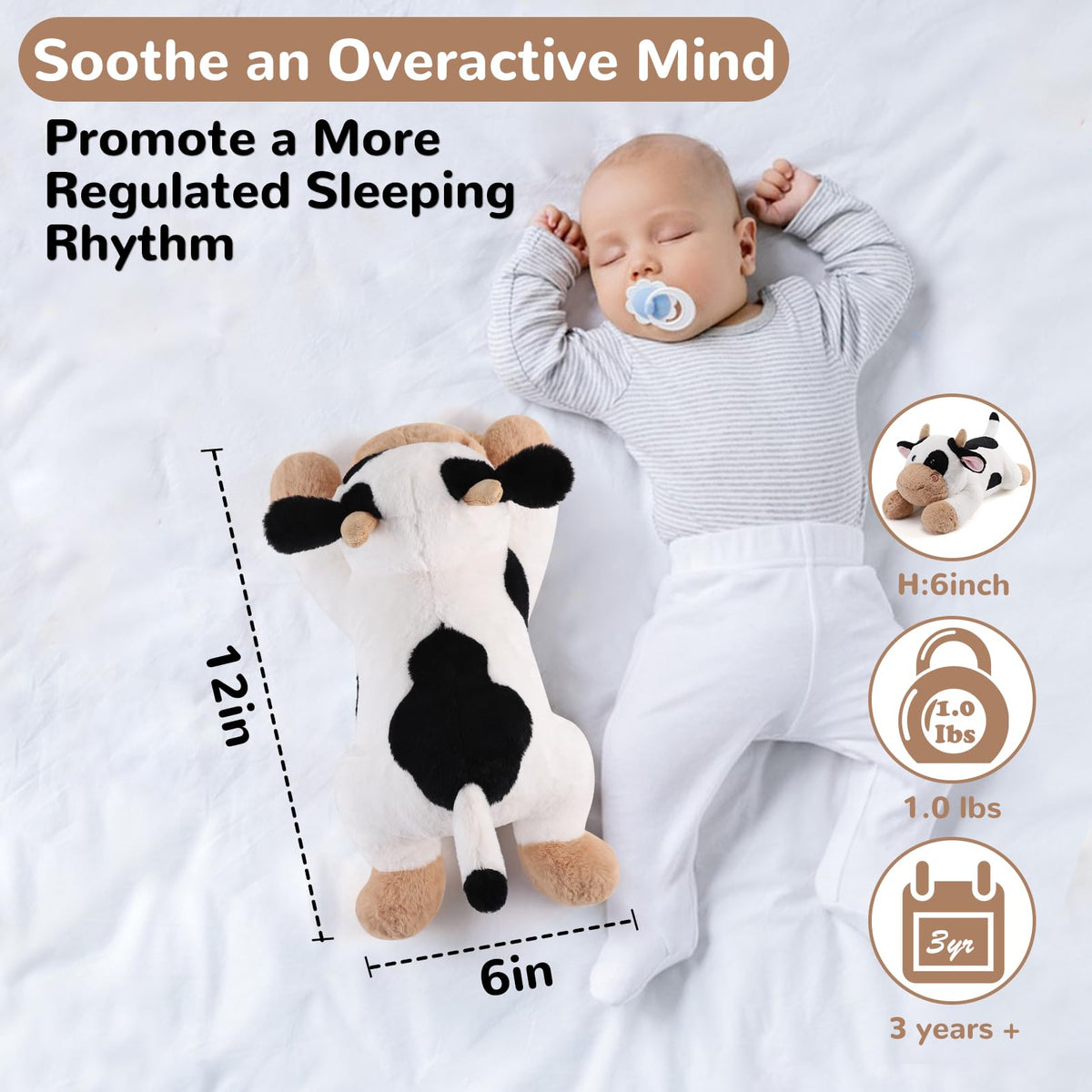 Gnomantic Cow Weighted Stuffed Animal - 12-Inch Plush Toy (1.0 lb) | Cozy Weighted Plush
