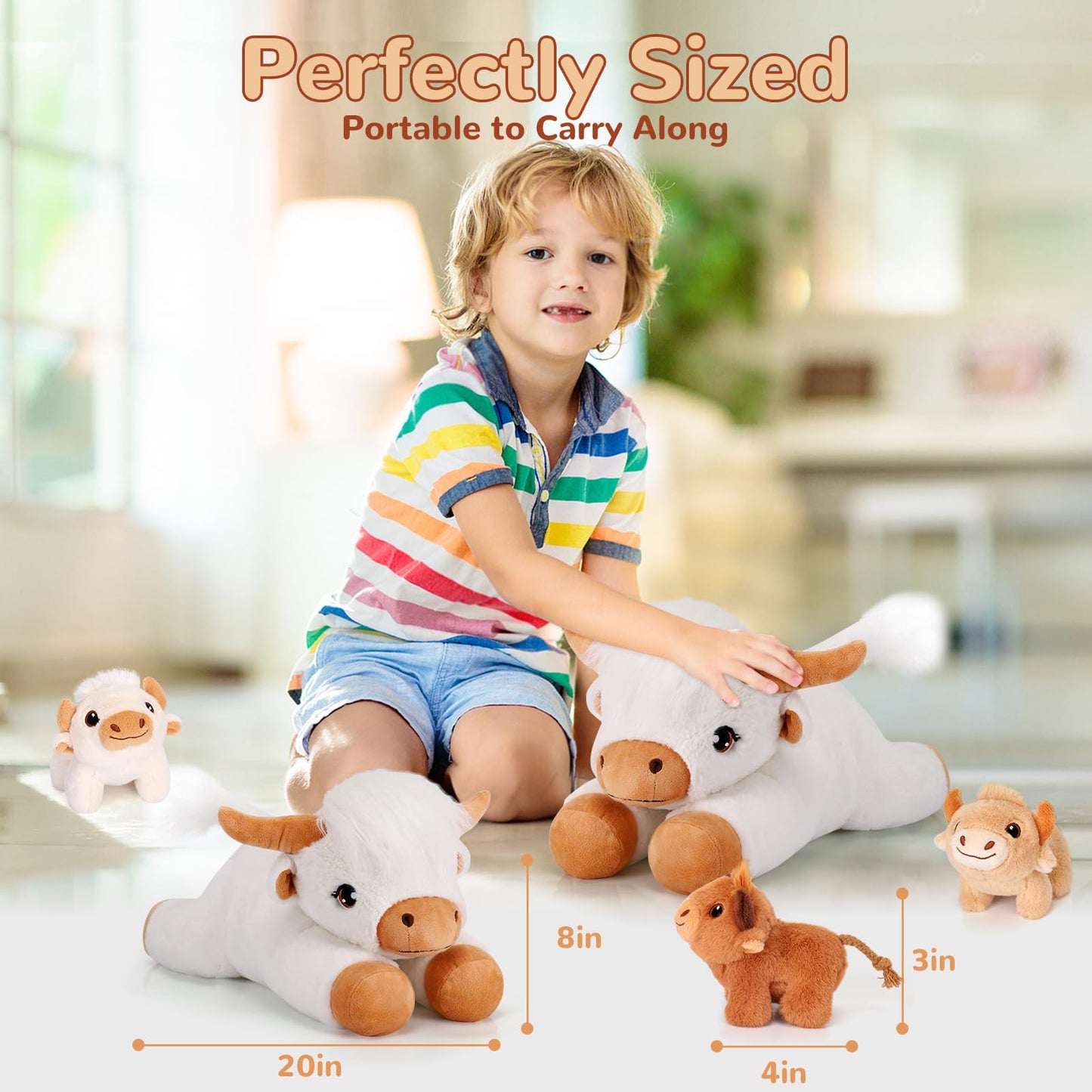 gnomantic 4-Piece Highland Cow Stuffed Animals – Mommy + 3 Babies Plush Set