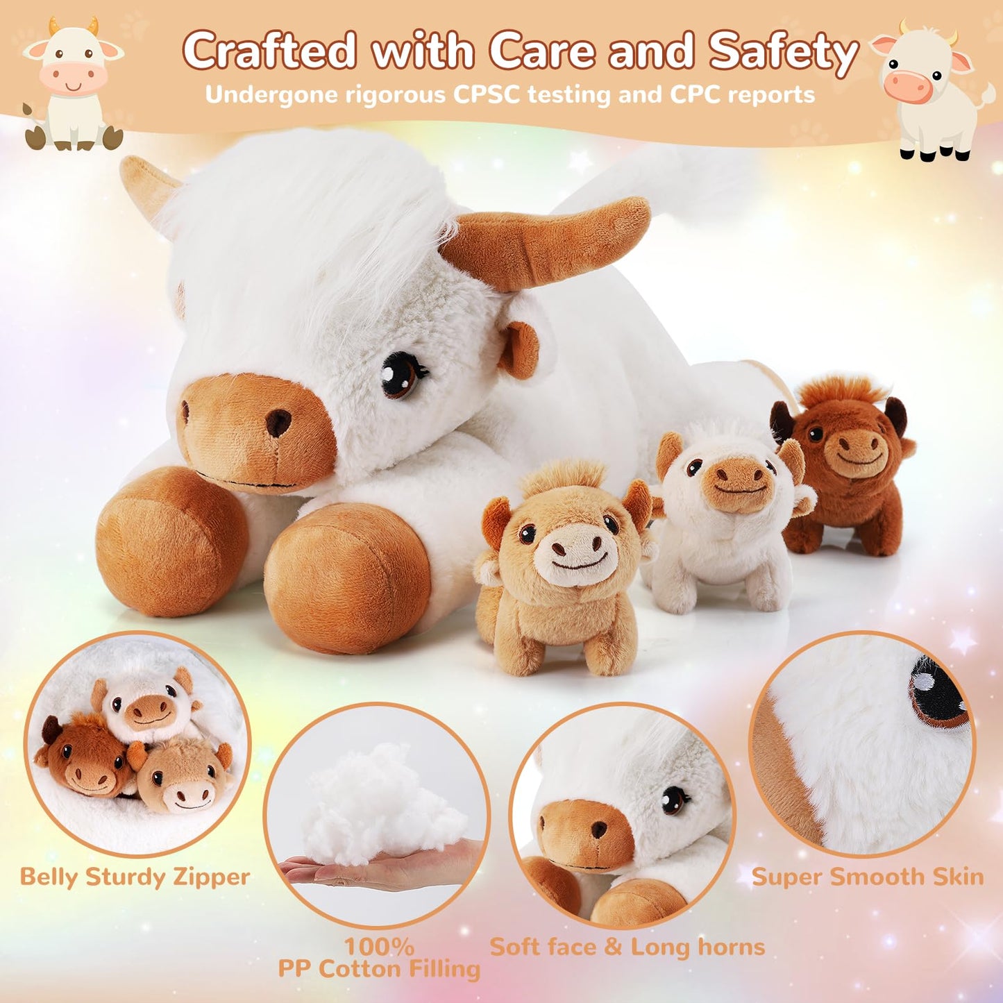 gnomantic 4-Piece Highland Cow Stuffed Animals – Mommy + 3 Babies Plush Set