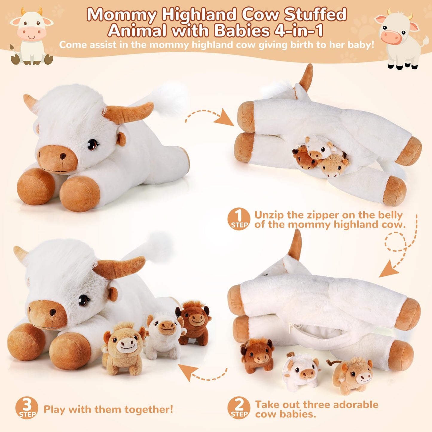 gnomantic 4-Piece Highland Cow Stuffed Animals – Mommy + 3 Babies Plush Set