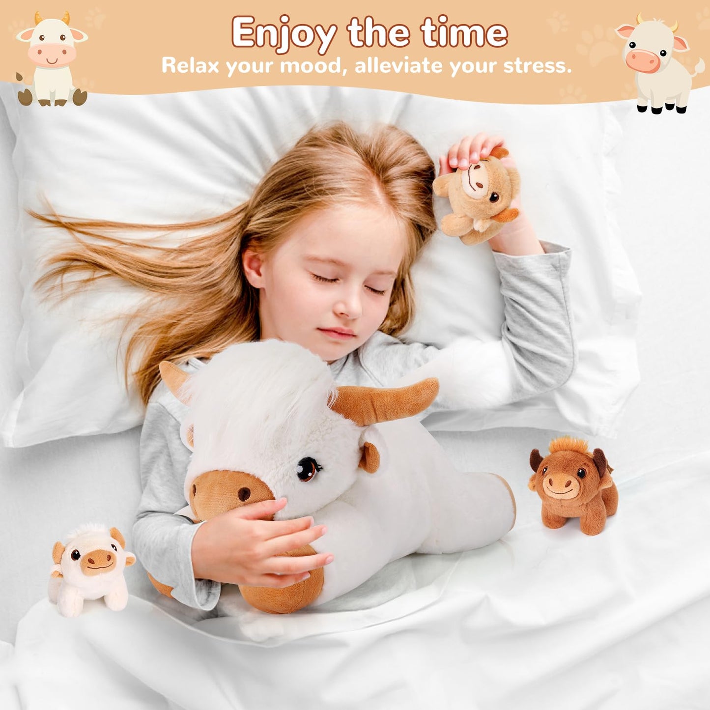 gnomantic 4-Piece Highland Cow Stuffed Animals – Mommy + 3 Babies Plush Set