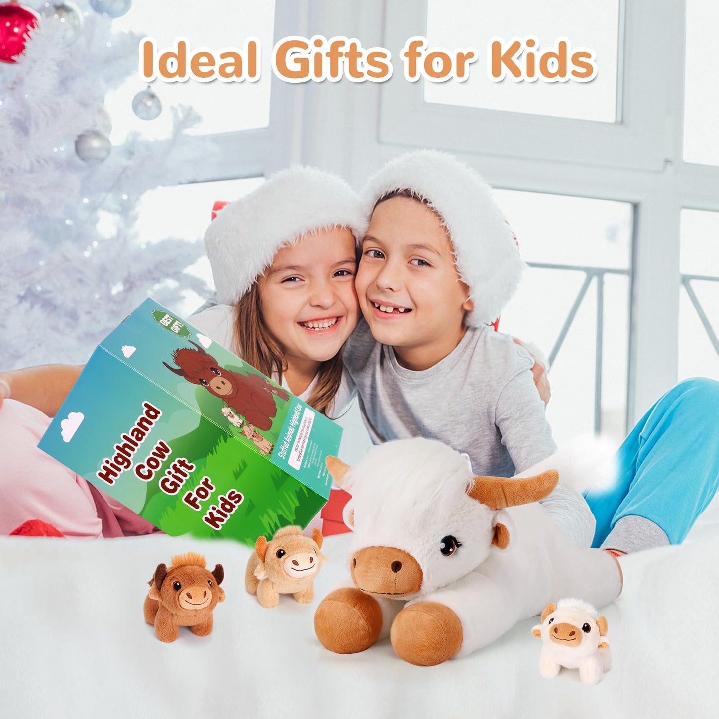 gnomantic 4-Piece Highland Cow Stuffed Animals – Mommy + 3 Babies Plush Set
