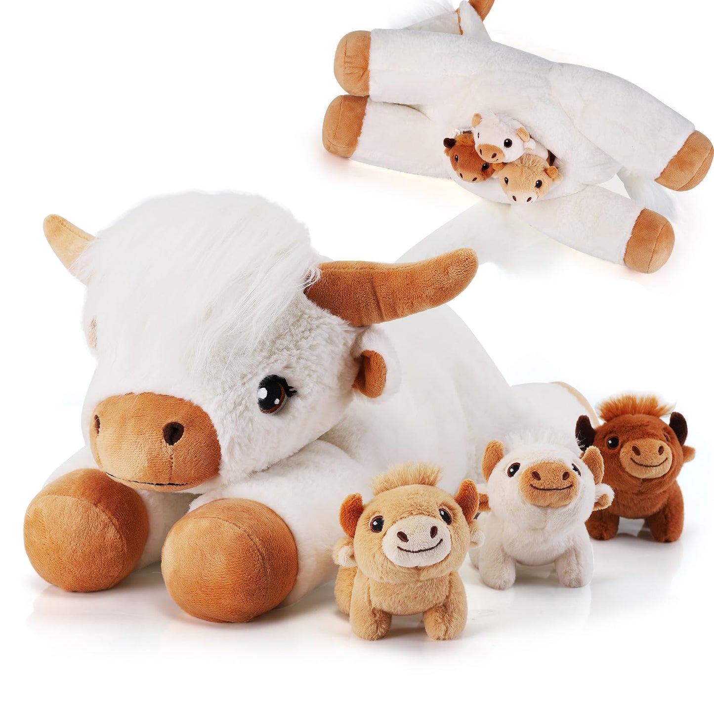 gnomantic 4-Piece Highland Cow Stuffed Animals – Mommy + 3 Babies Plush Set