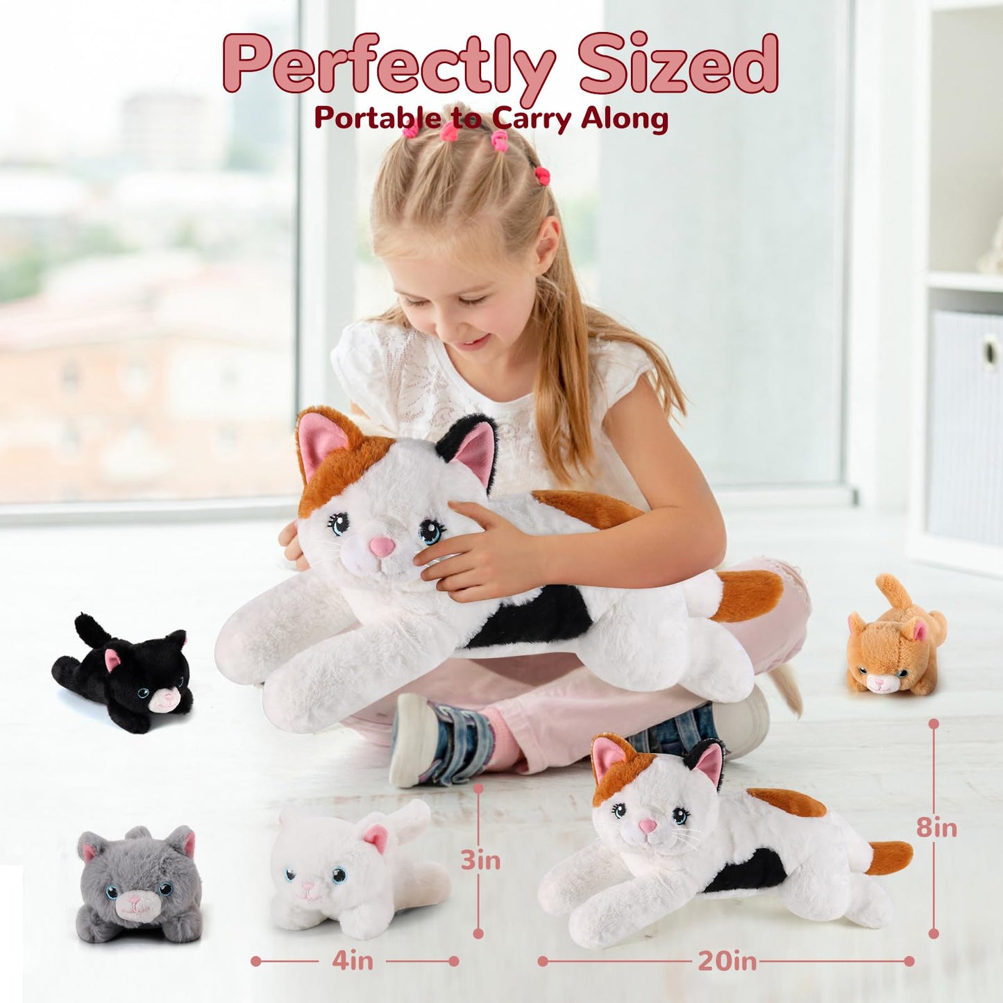 gnomantic 5-in-1 Cat Plush Set: Mommy Cat with 4 Kittens – Soft Stuffed Toys for Kids 3-8 | Gift Box