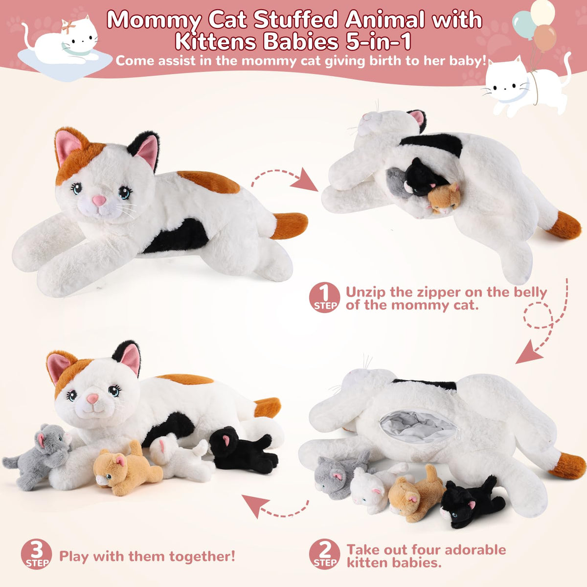 gnomantic 5-in-1 Cat Plush Set: Mommy Cat with 4 Kittens – Soft Stuffed Toys for Kids 3-8 | Gift Box