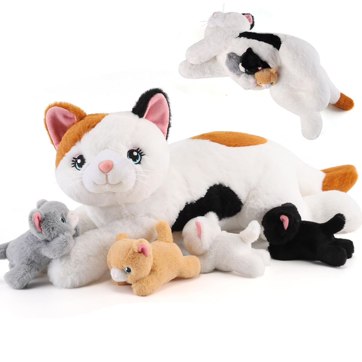 gnomantic 5-in-1 Cat Plush Set: Mommy Cat with 4 Kittens – Soft Stuffed Toys for Kids 3-8 | Gift Box