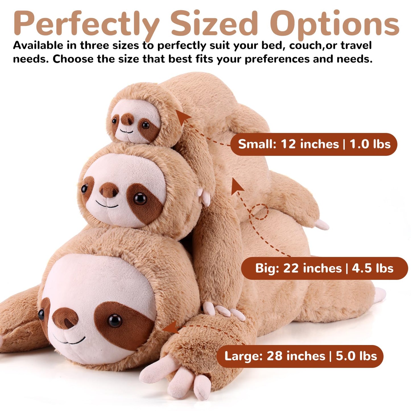 gnomantic Sloth Weighted Stuffed Animal – 28 Inch, 5 lb Plush Pillow for Kids & Adults