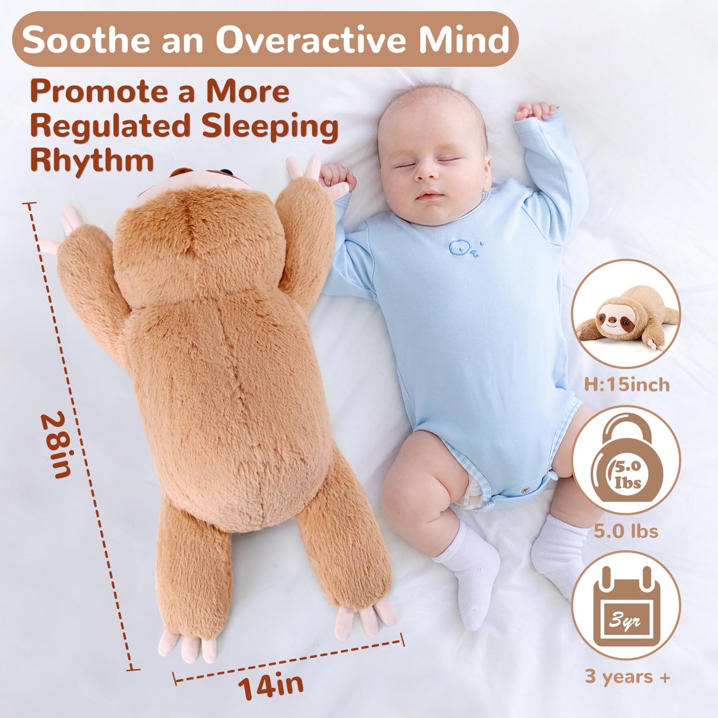gnomantic Sloth Weighted Stuffed Animal – 28 Inch, 5 lb Plush Pillow for Kids & Adults