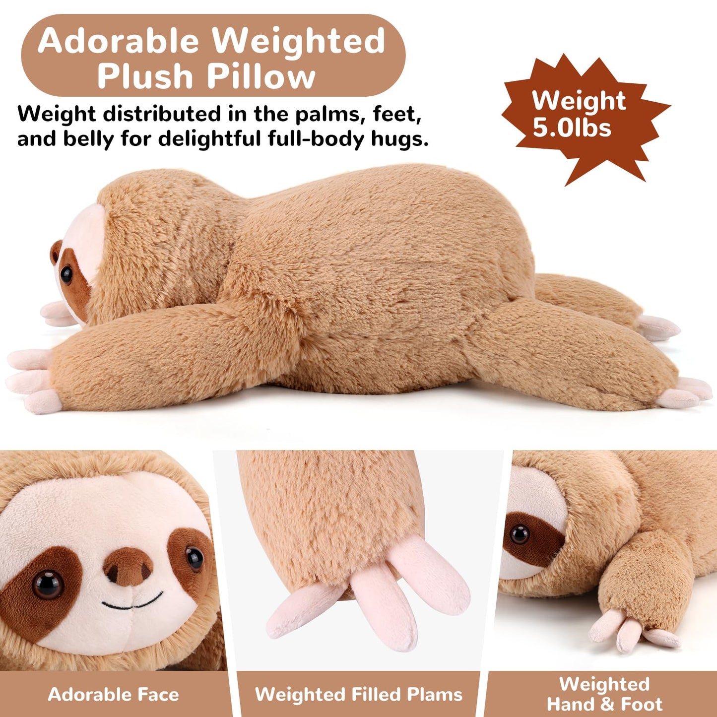 gnomantic Sloth Weighted Stuffed Animal – 28 Inch, 5 lb Plush Pillow for Kids & Adults