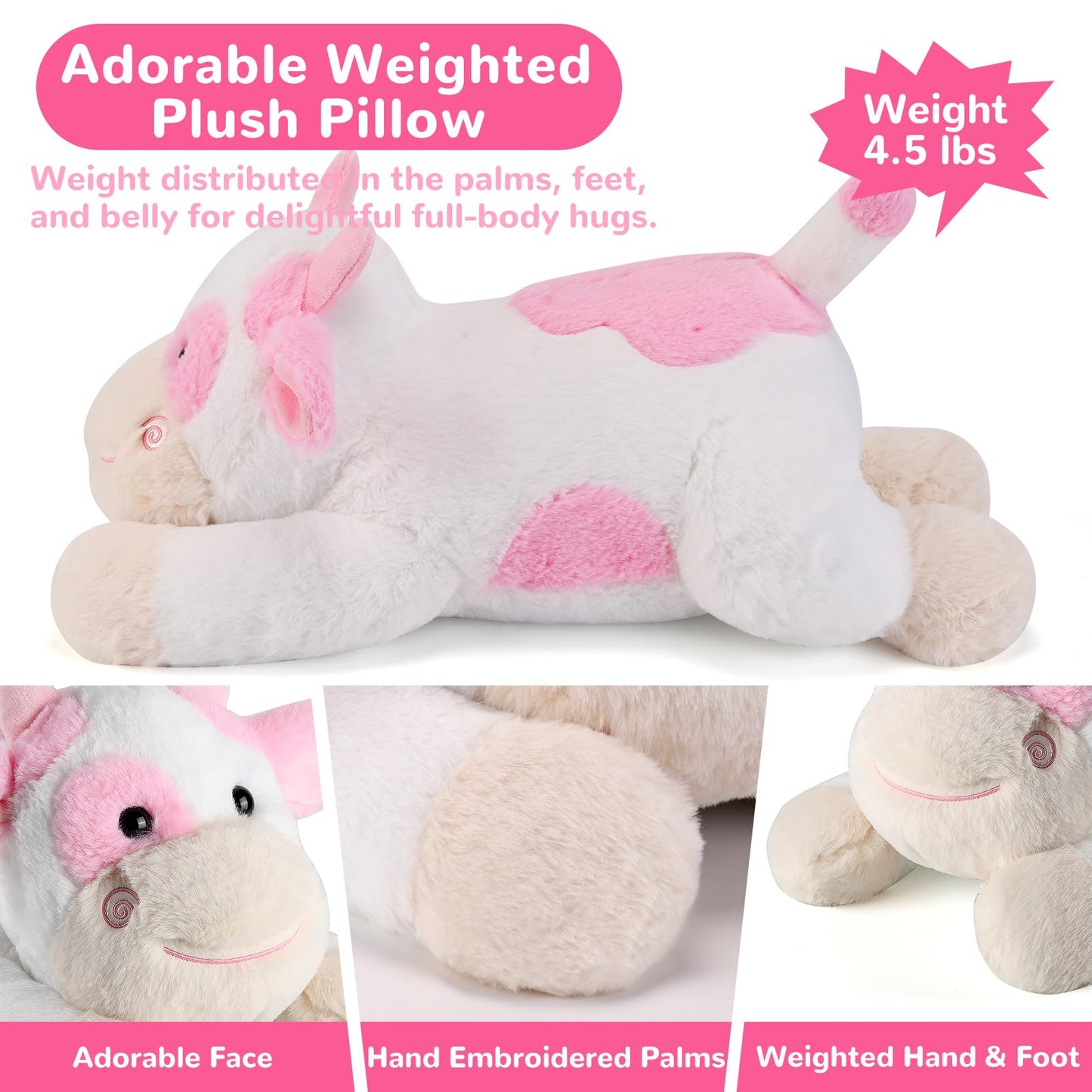 gnomantic Cow Weighted Stuffed Animal – 22-Inch, 4.5 lb Pink Plush Pillow