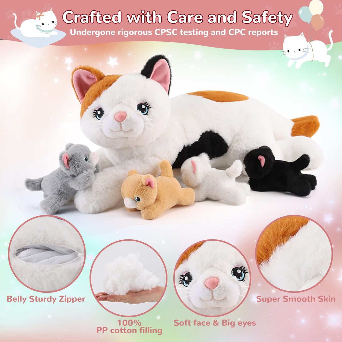 gnomantic 5-in-1 Cat Plush Set: Mommy Cat with 4 Kittens – Soft Stuffed Toys for Kids 3-8 | Gift Box