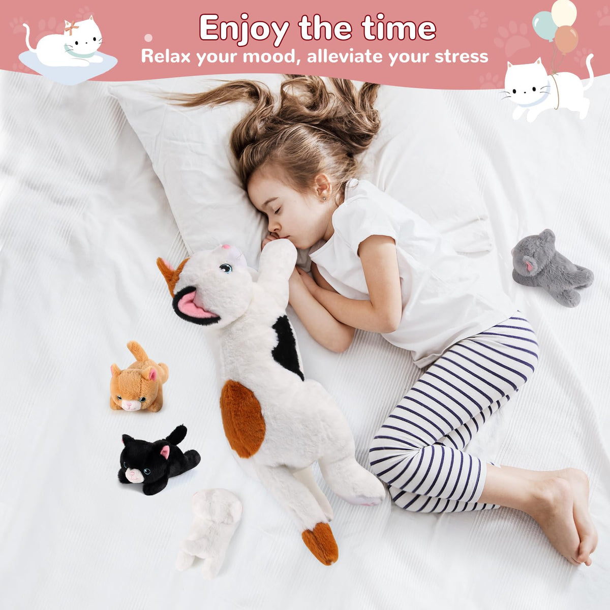 gnomantic 5-in-1 Cat Plush Set: Mommy Cat with 4 Kittens – Soft Stuffed Toys for Kids 3-8 | Gift Box