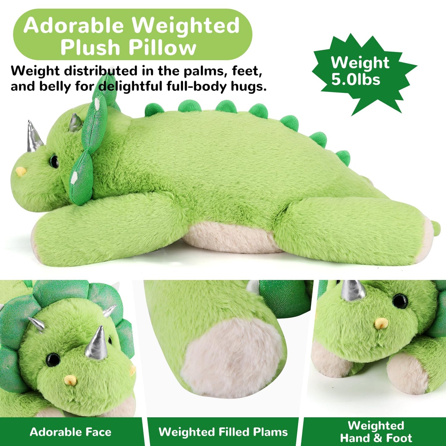 gnomantic Triceratops Weighted Stuffed Animal – 28-Inch, 5.0 lb Plush Pillow