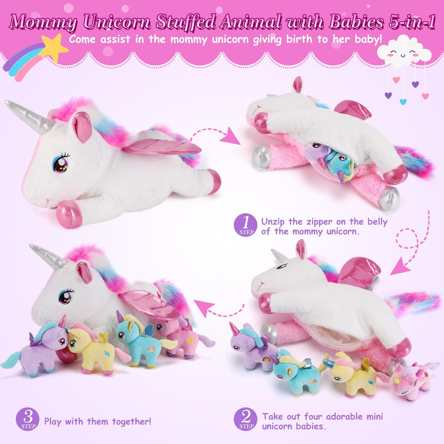 Gnomantic 5-Piece Unicorn Plush Set – Mommy Unicorn with 4 Babies | Soft Plush Toys for Girls 3–8