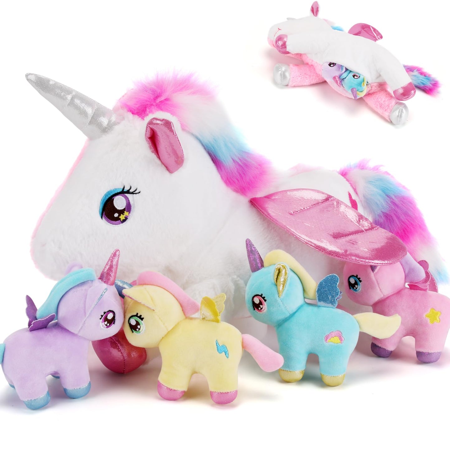 Gnomantic 5-Piece Unicorn Plush Set – Mommy Unicorn with 4 Babies | Soft Plush Toys for Girls 3–8