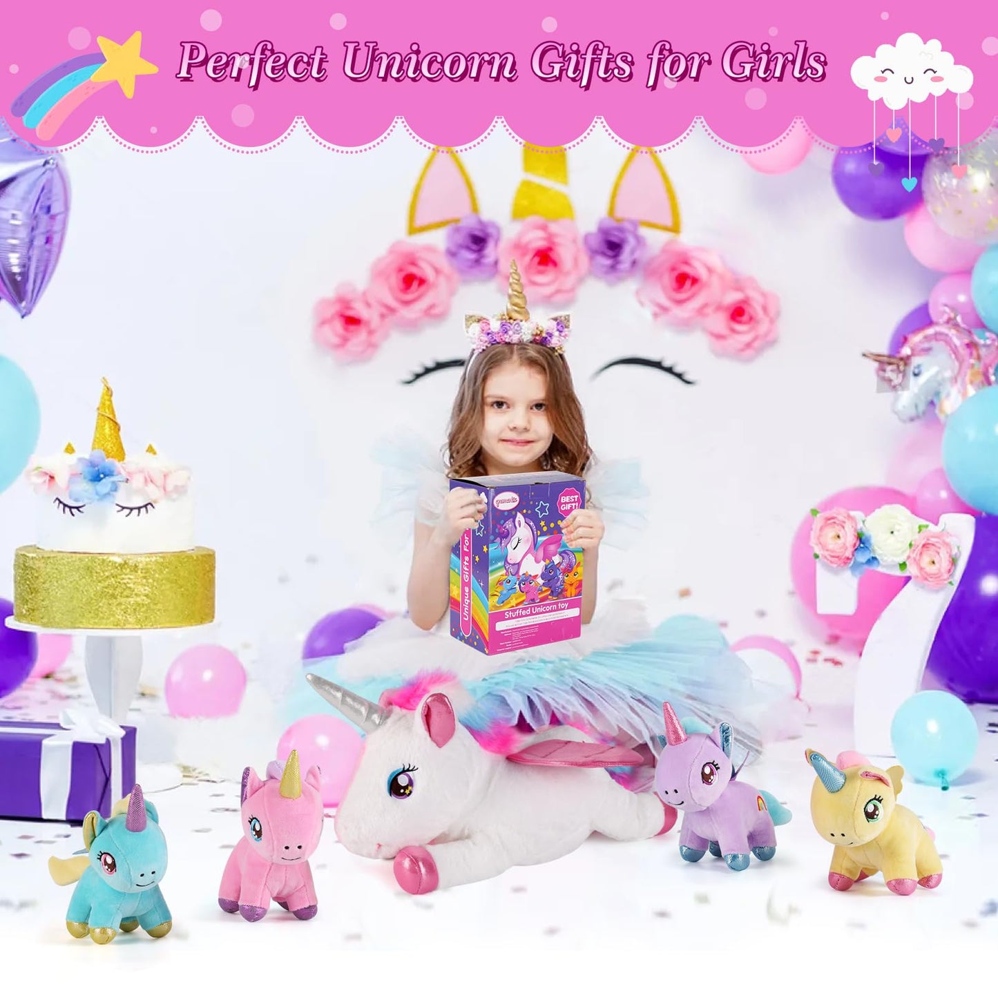 Gnomantic 5-Piece Unicorn Plush Set – Mommy Unicorn with 4 Babies | Soft Plush Toys for Girls 3–8