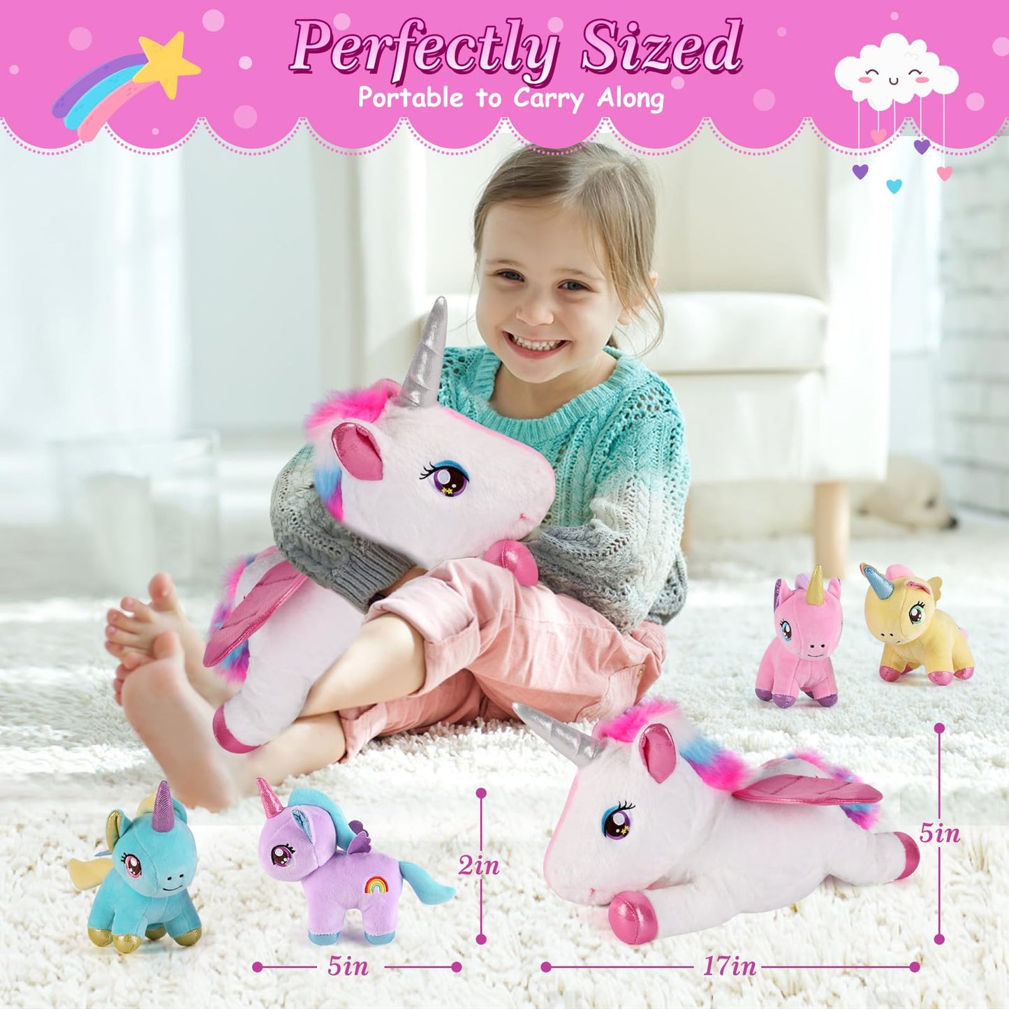 Gnomantic 5-Piece Unicorn Plush Set – Mommy Unicorn with 4 Babies | Soft Plush Toys for Girls 3–8