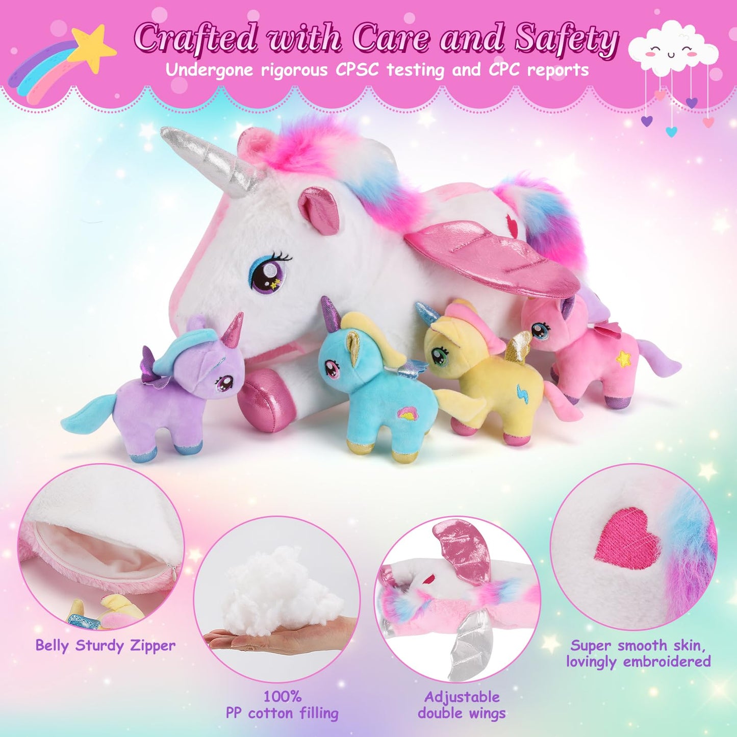 Gnomantic 5-Piece Unicorn Plush Set – Mommy Unicorn with 4 Babies | Soft Plush Toys for Girls 3–8