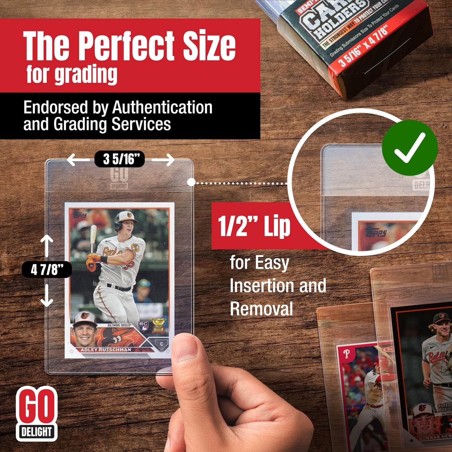 GO DELIGHT Semi-Rigid Card Holders Bundle for PSA, BGS, SGC, CSG Grading – 200 Count | 3-5/16 x 4-7/8 with 1/2 Lip