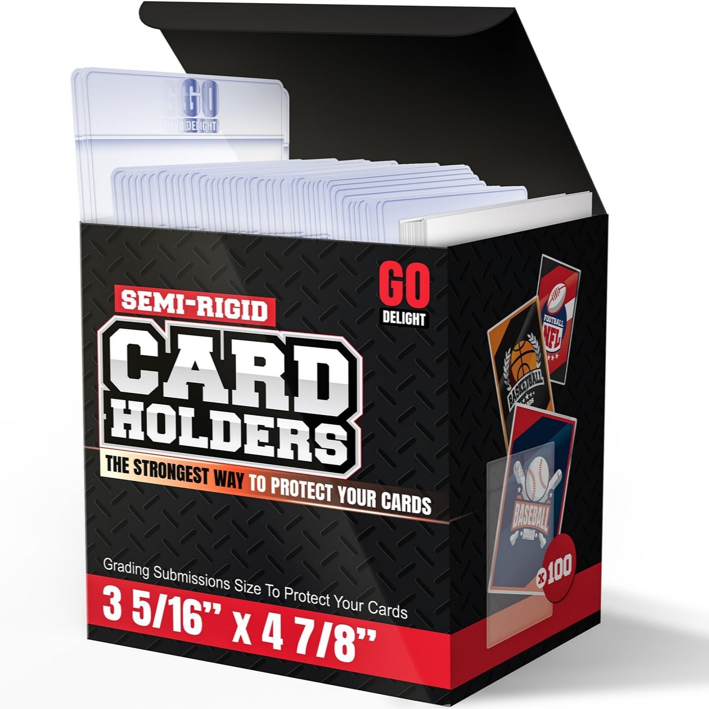 GO DELIGHT Semi-Rigid Card Holders Bundle for PSA, BGS, SGC, CSG Grading – 200 Count | 3-5/16 x 4-7/8 with 1/2 Lip